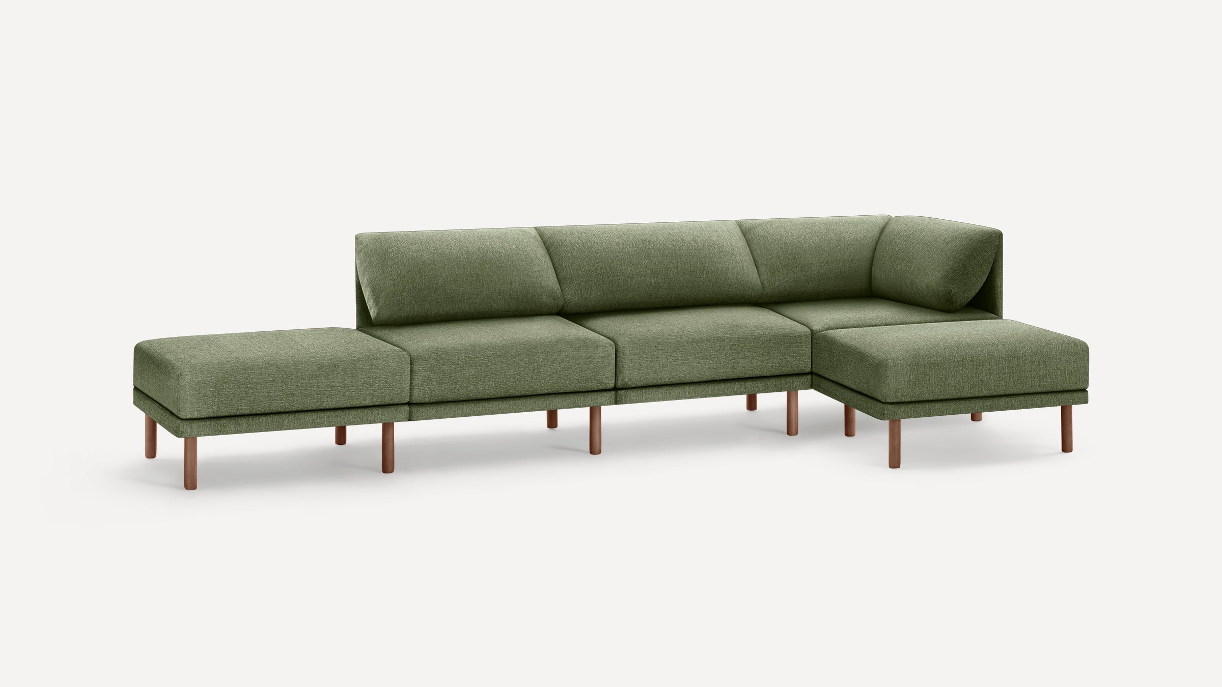 Modern modular olive green fabric sectional sofa with wooden legs, featuring a chaise lounge on the right side.