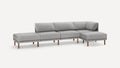Modern gray fabric sectional sofa with wooden legs, featuring clean lines and plush cushions for comfortable seating.
