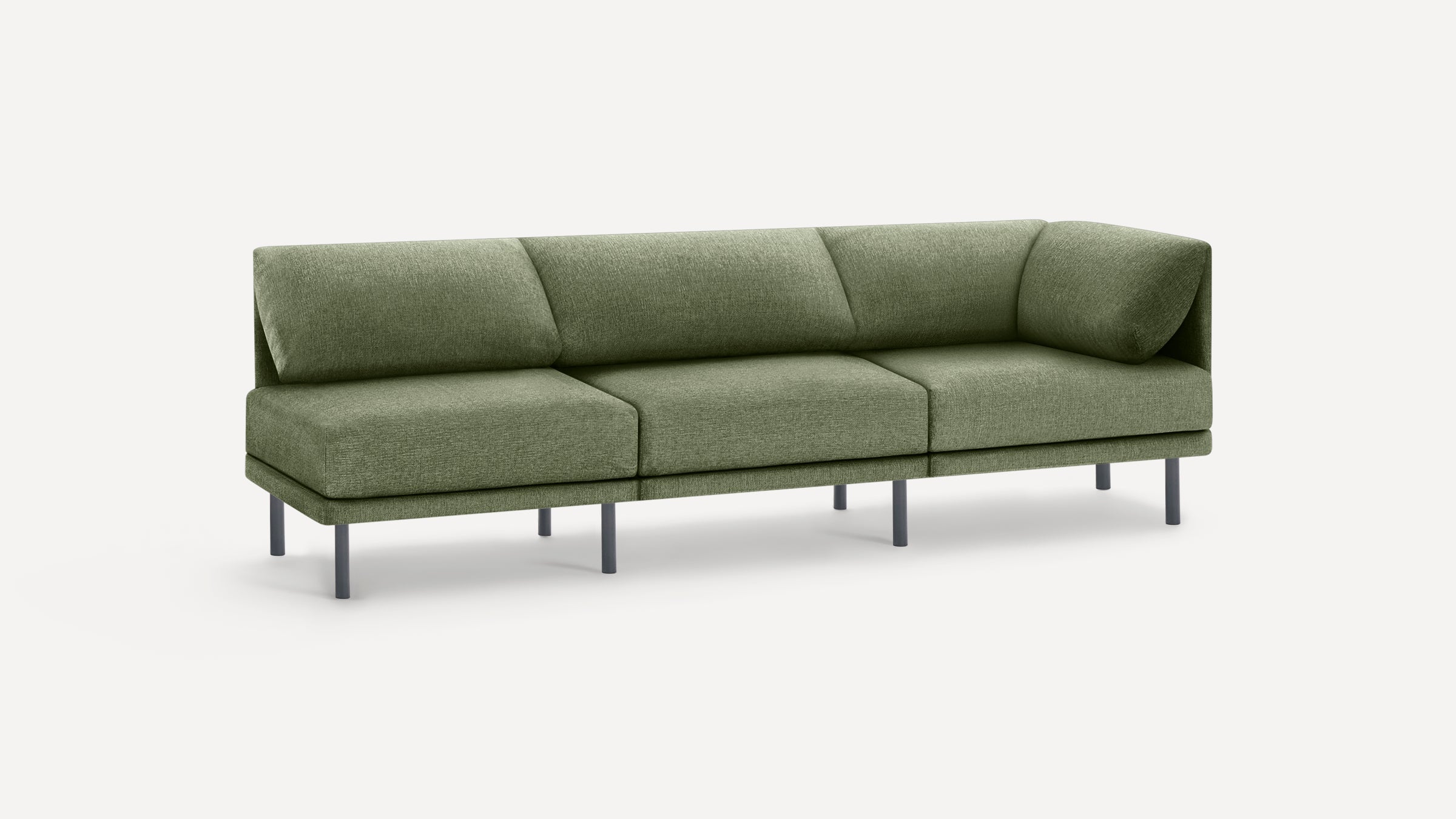 Modern three-seater sofa with green fabric upholstery, angled cushions, and slim dark metal legs on a white background.