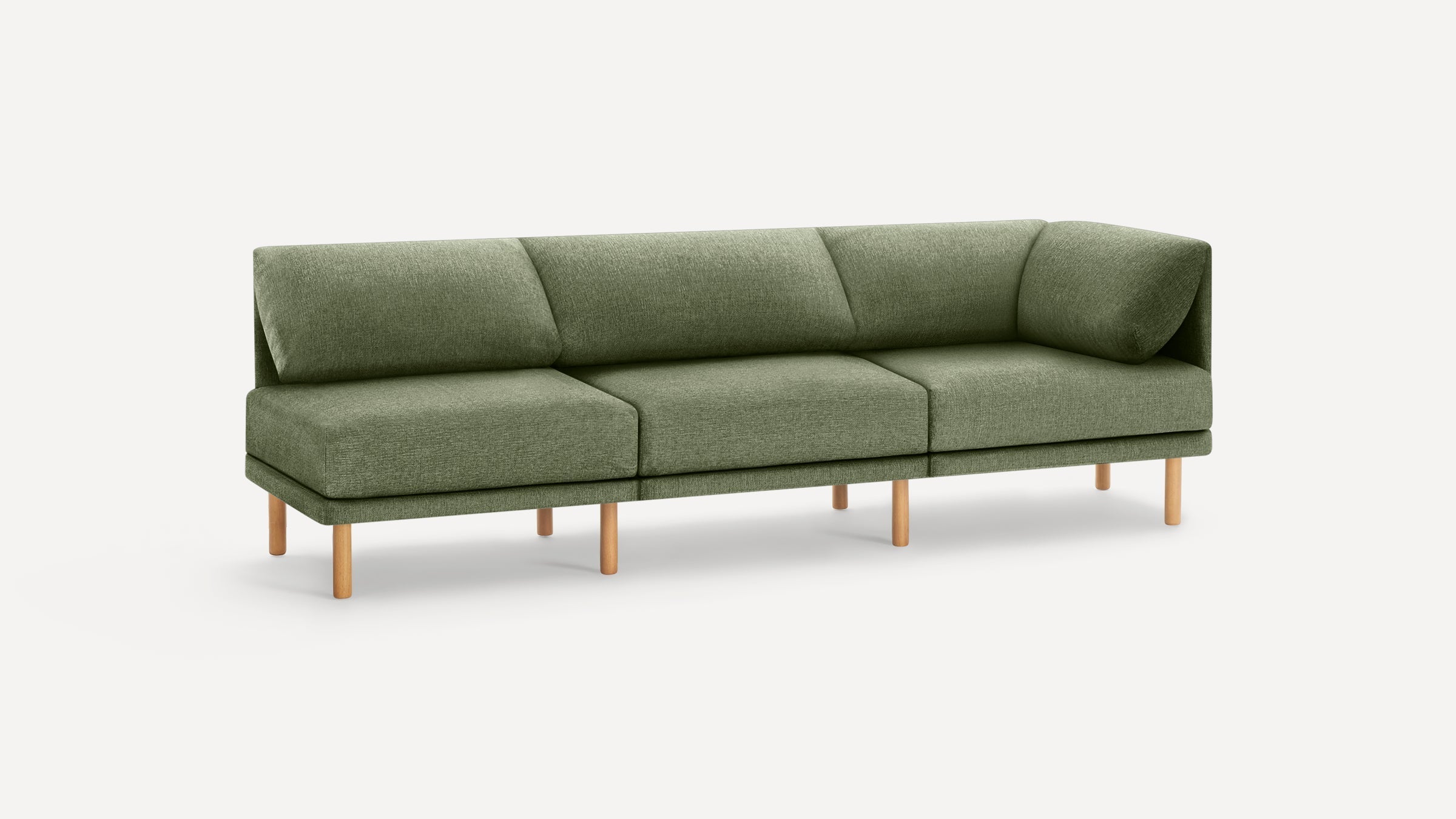 Modern olive green upholstered three-seater sofa with wooden legs and angled backrest cushions, set against a plain white background.
