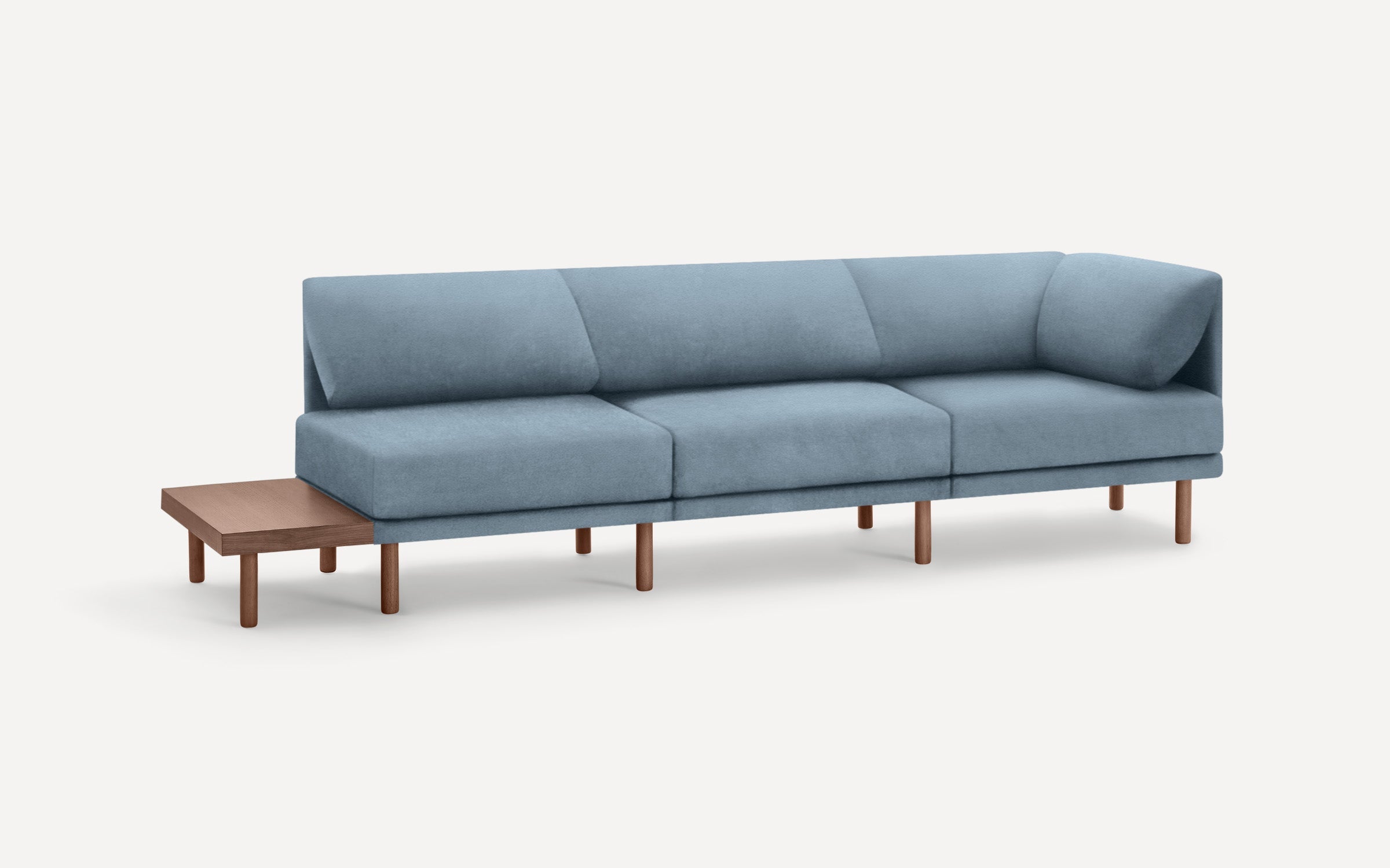 modern blue fabric sectional sofa with wooden legs and matching cushioned seat, featuring a wooden coffee table on the side