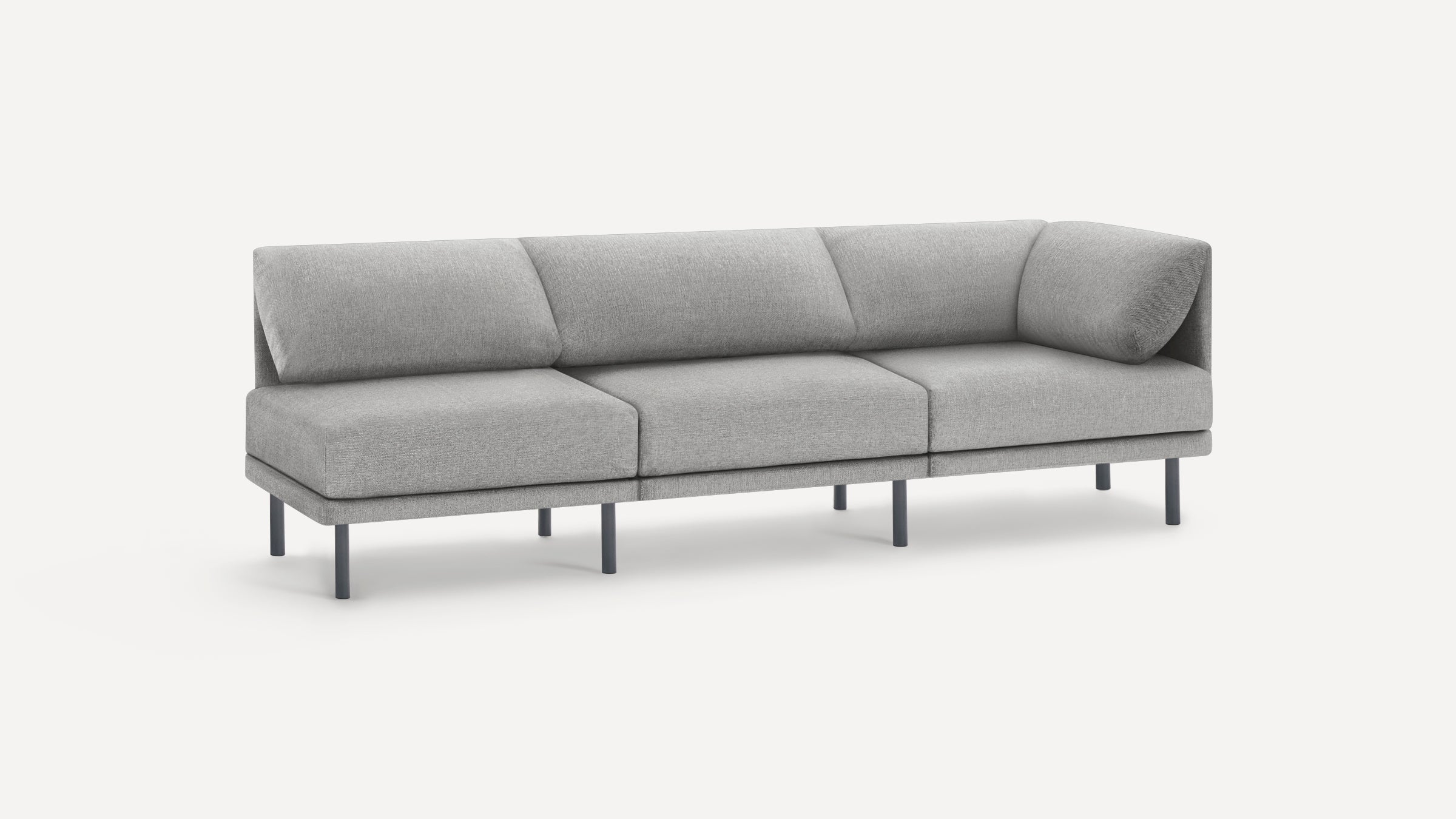 Modern light gray fabric sectional sofa with a right-arm chaise and metal legs, styled in a minimalist design.