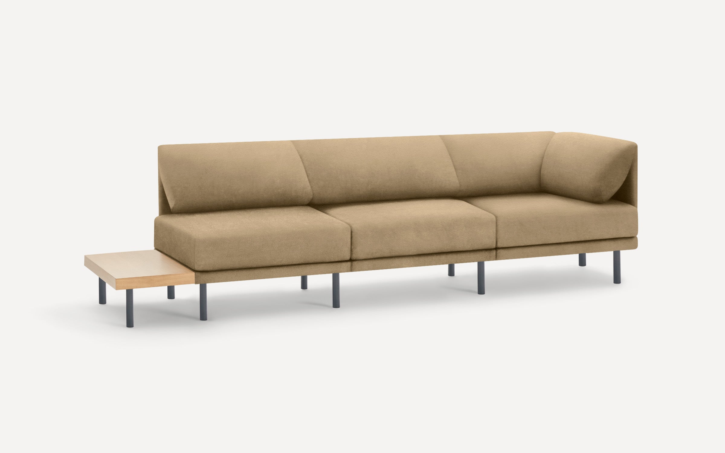 modern beige fabric sectional sofa with black metal legs and a wooden coffee table on the side