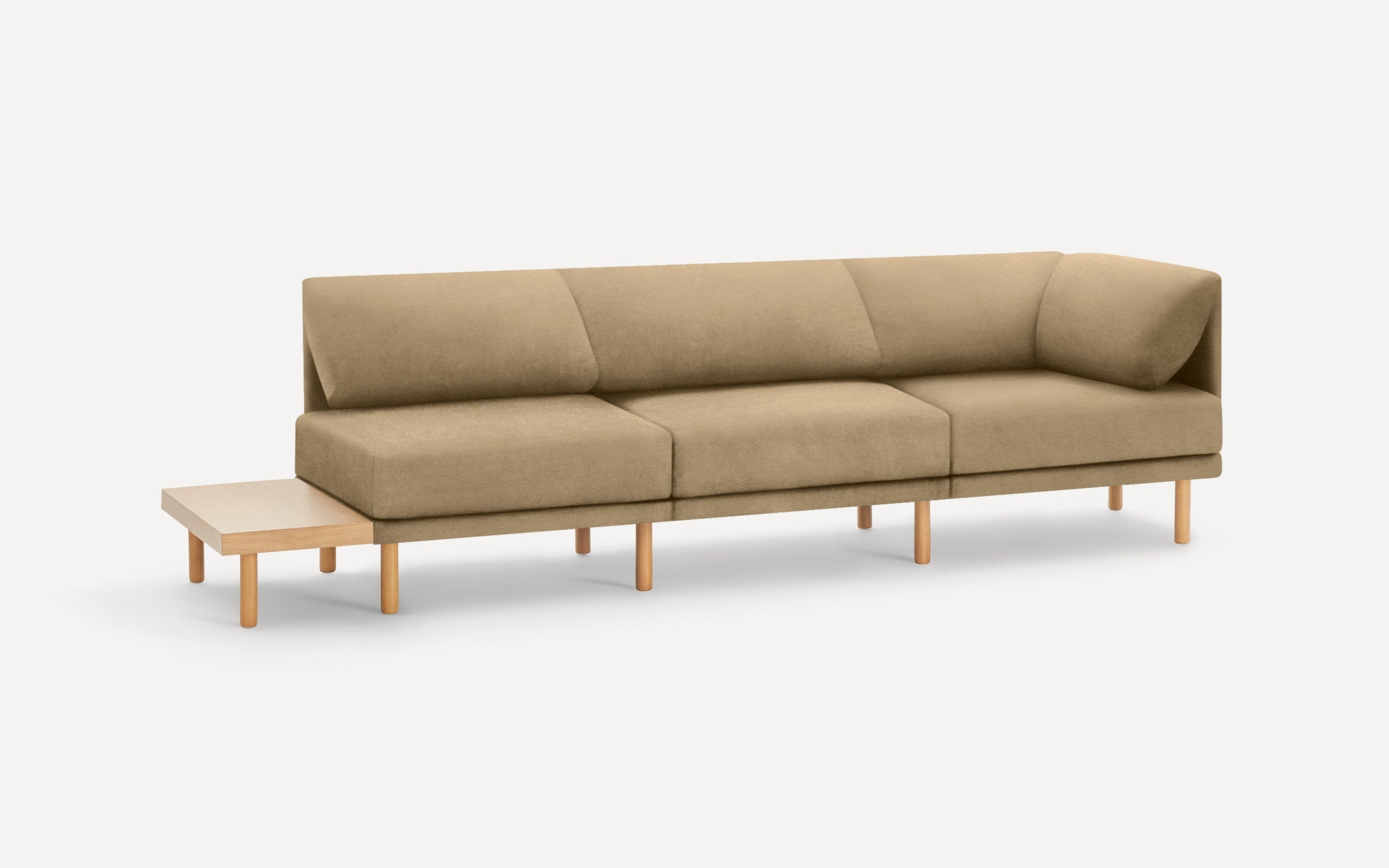 modern beige fabric sectional sofa with wooden legs and clean lines on the back, featuring a clean, minimalist design