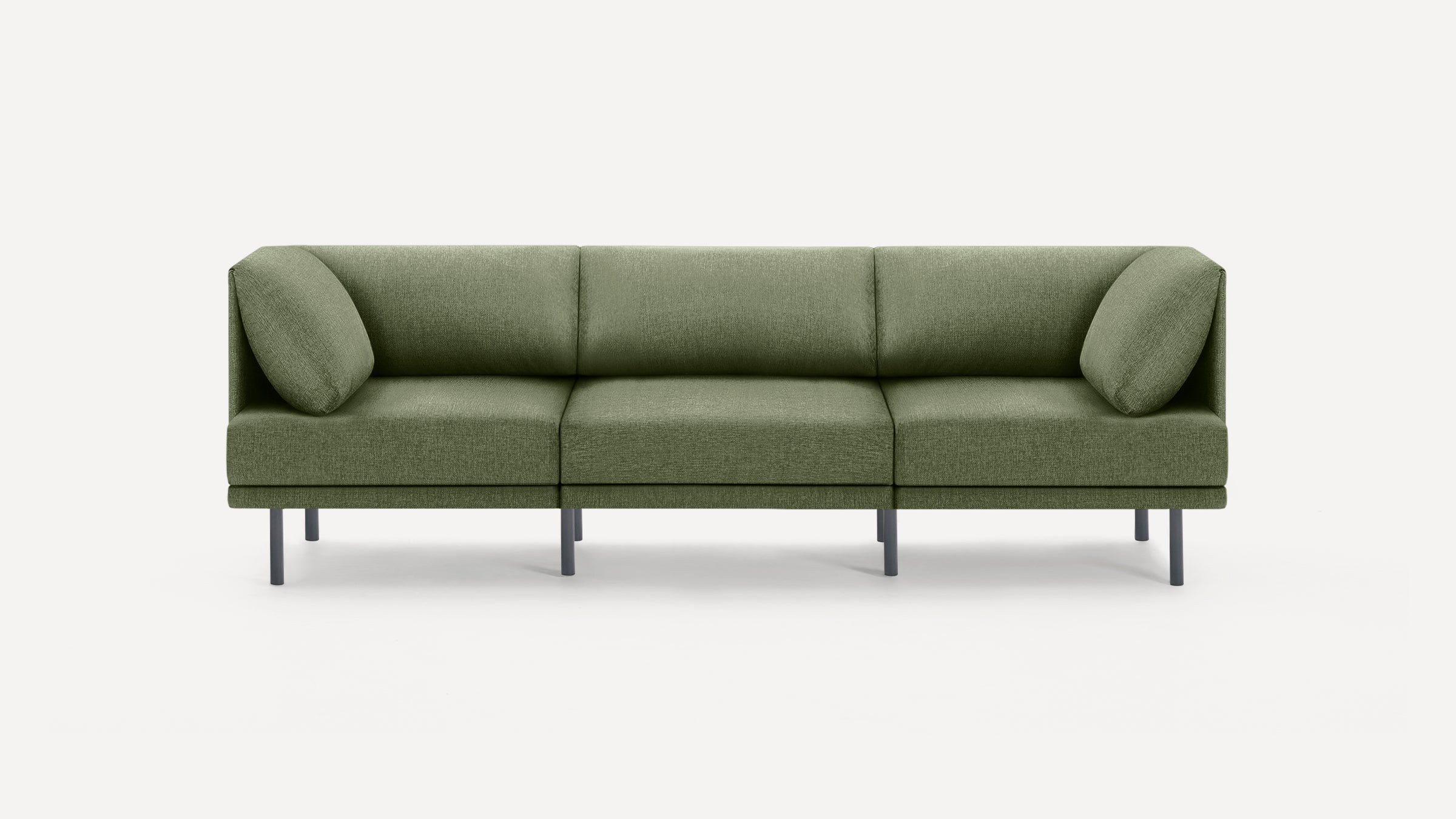 Modern three-seater sofa with olive green fabric upholstery and slim black metal legs, featuring square cushions on each end.