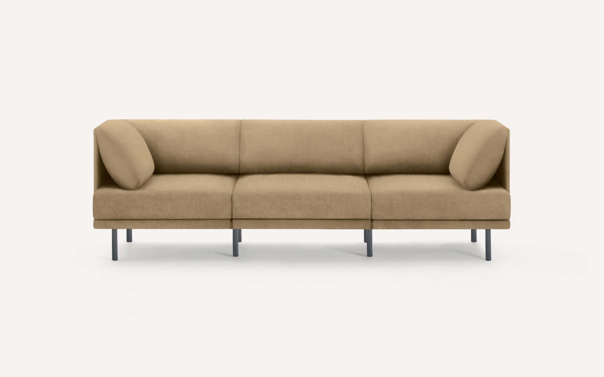 modern beige fabric sofa with black metal legs and clean lines on a white background