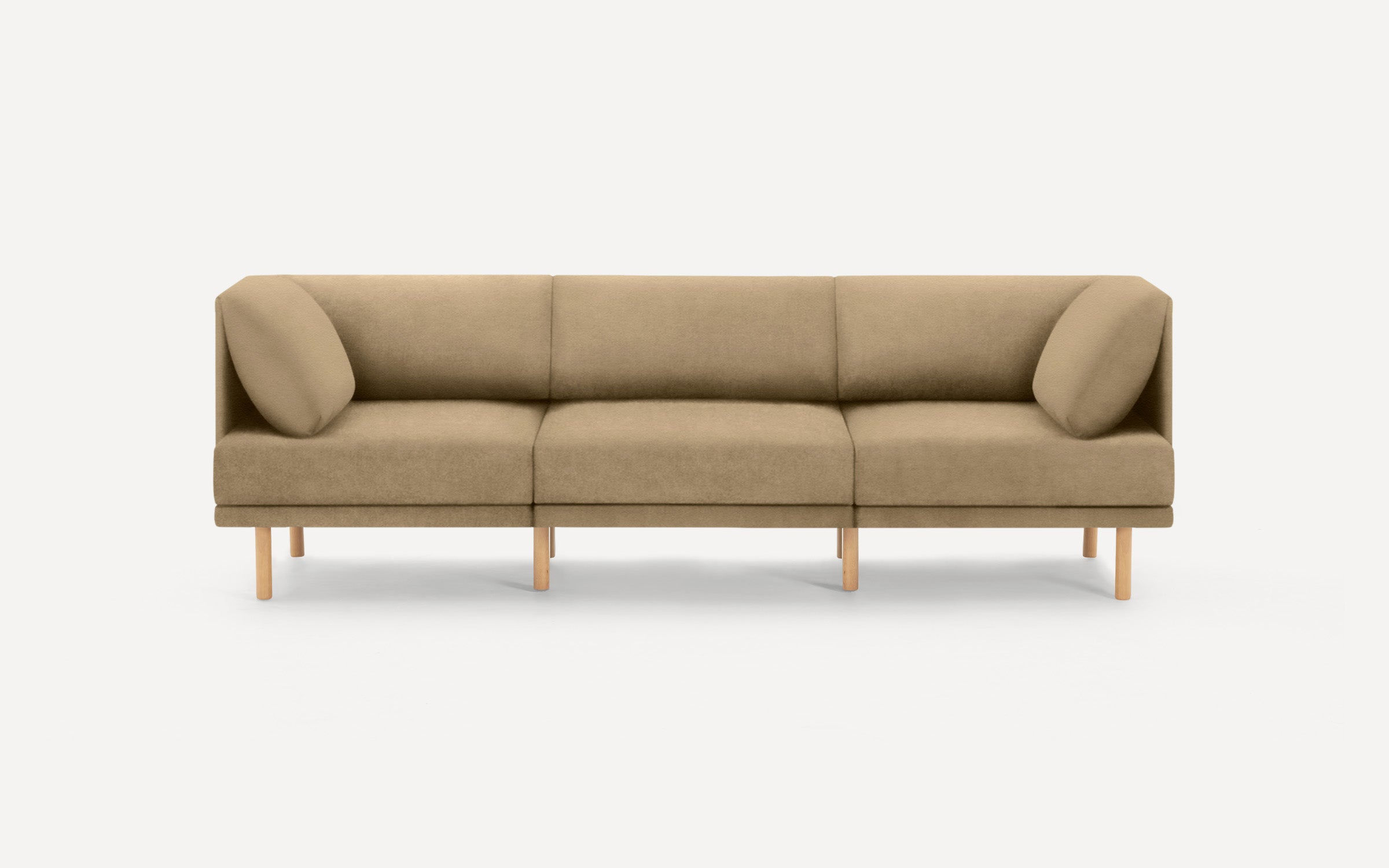 modern beige fabric sofa with wooden legs and clean lines on a white background