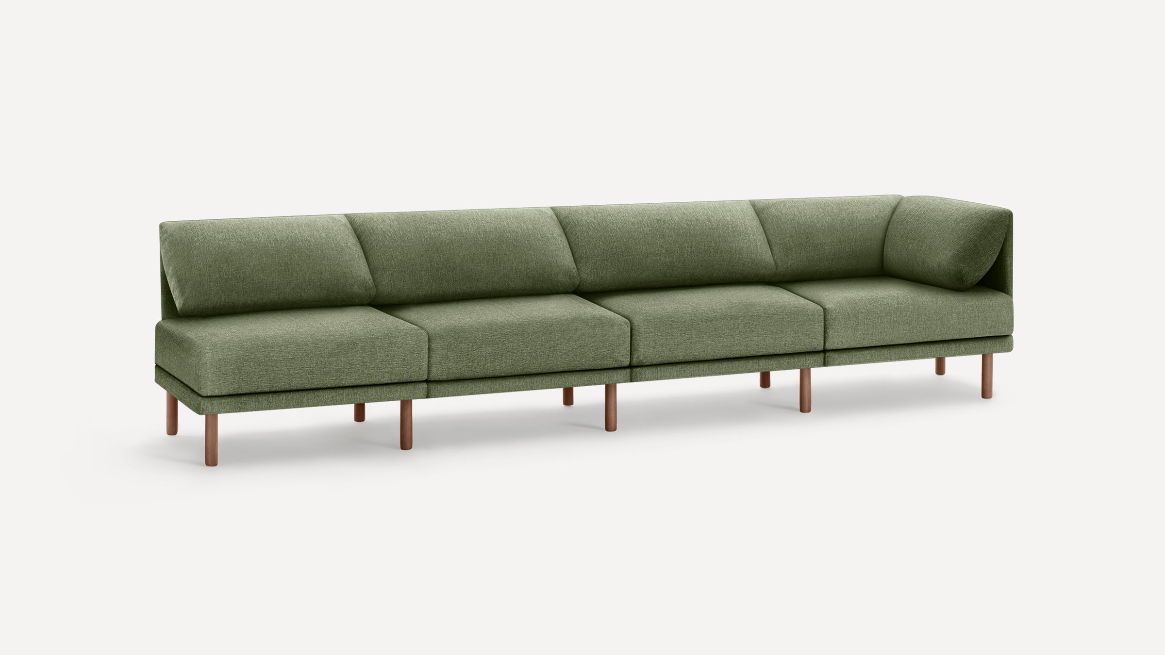 Modern green fabric sectional sofa with wooden legs and cushioned backrests, designed for spacious seating.
