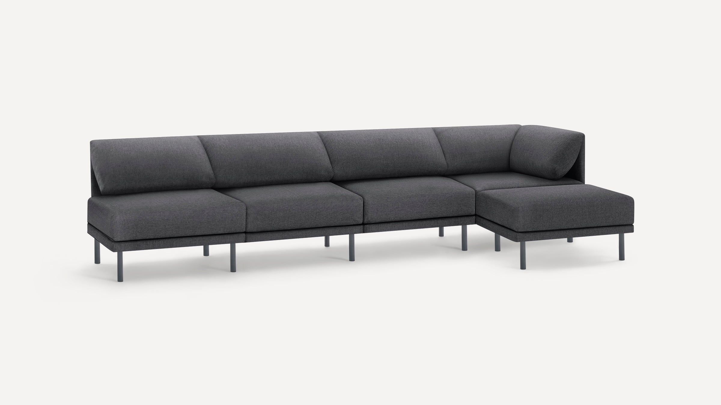 Modern dark gray fabric sectional sofa with slim metal legs, featuring a left-side chaise lounge and cushioned backrests.