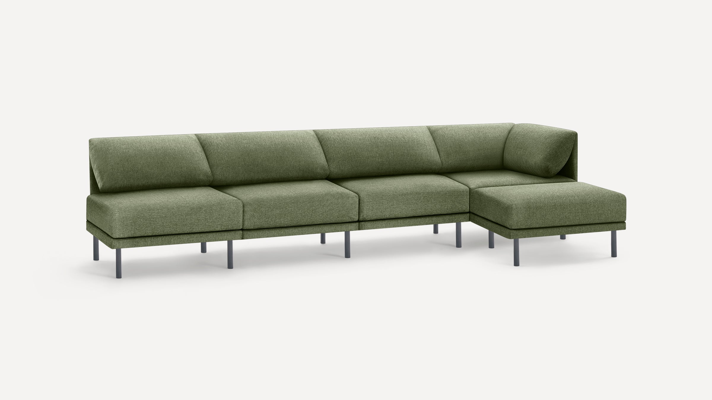 Modern L-shaped sectional sofa with olive green fabric upholstery and slim dark metal legs on a white background.