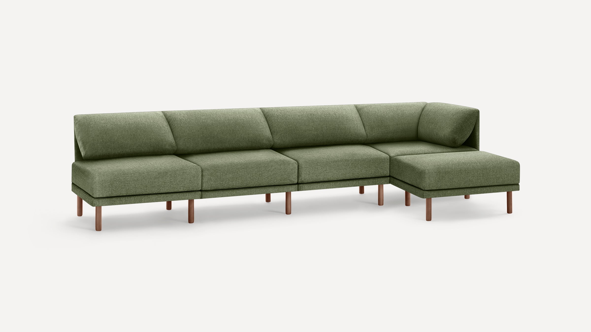 Modern sectional sofa with olive green fabric upholstery, featuring a right-side chaise and wooden legs on a white background.