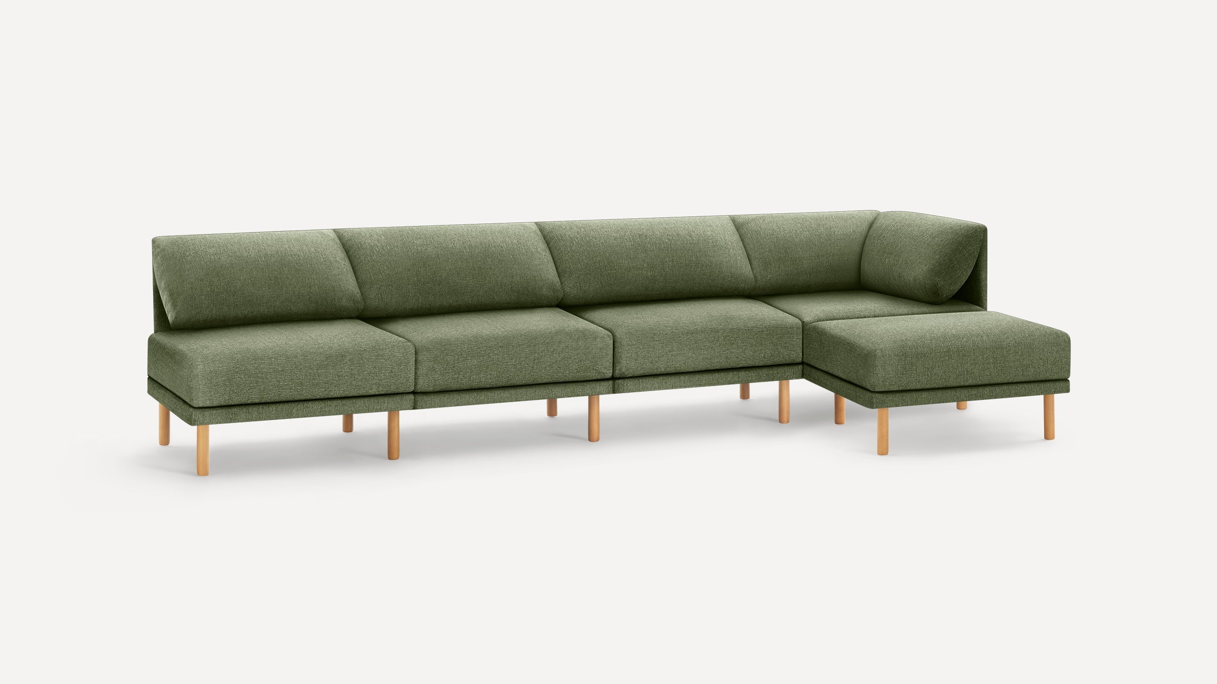 Modern L-shaped sectional sofa with green upholstery and wooden legs against a plain white background.
