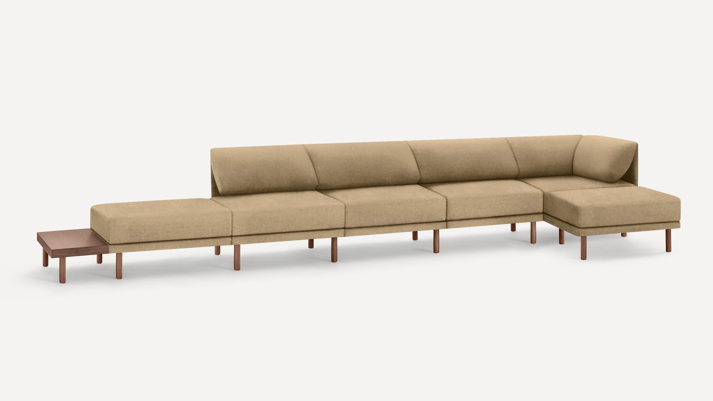 Modern beige fabric sectional sofa with wooden legs and an integrated side table on one end.