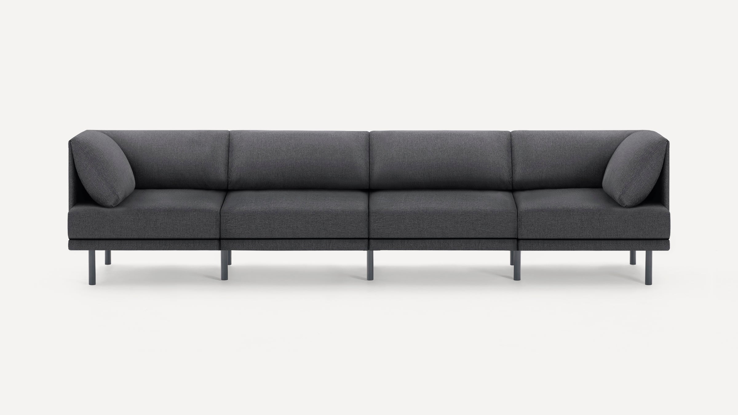 Modern dark gray sectional sofa with clean lines, slim metal legs, and a minimalist design, featuring five seating sections with cushion backrests and armrests on both ends.