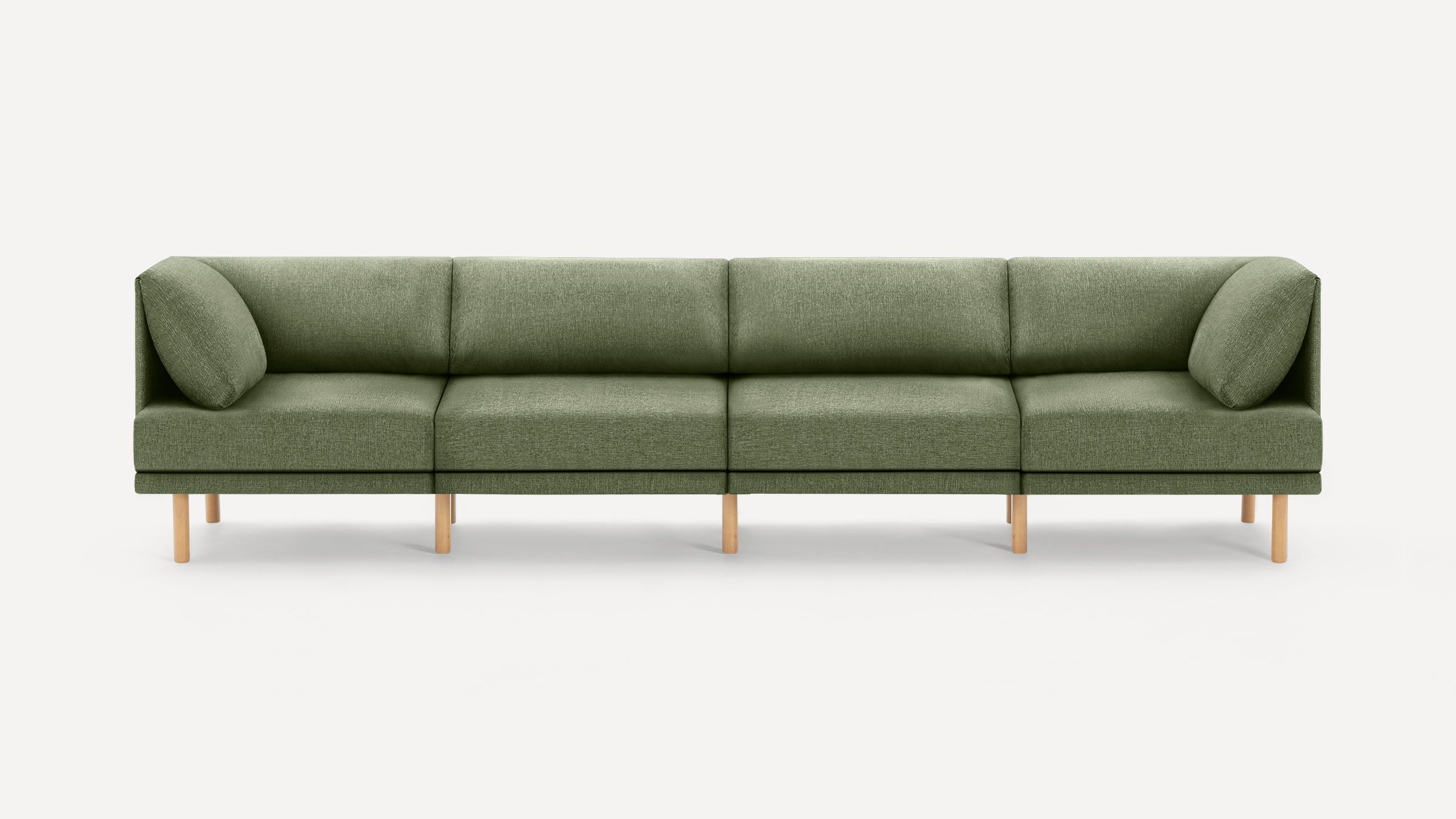 Modern olive green fabric sofa with wooden legs, featuring a minimalist design and straight back cushions.