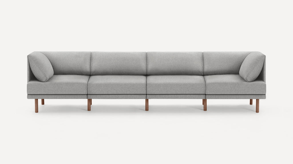 Modern minimalist gray fabric sofa with wooden legs, featuring clean lines and two end cushions for added comfort.