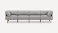 Modern minimalist gray fabric sofa with wooden legs, featuring clean lines and two end cushions for added comfort.
