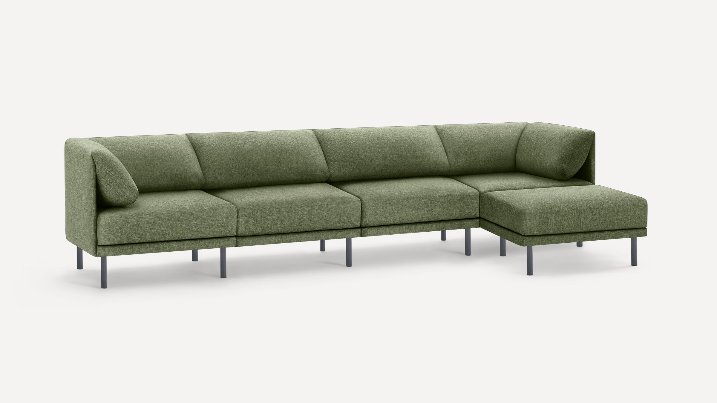 Modern olive green sectional sofa with clean lines, cushioned seats, backrests, and angled armrests on slender metal legs.