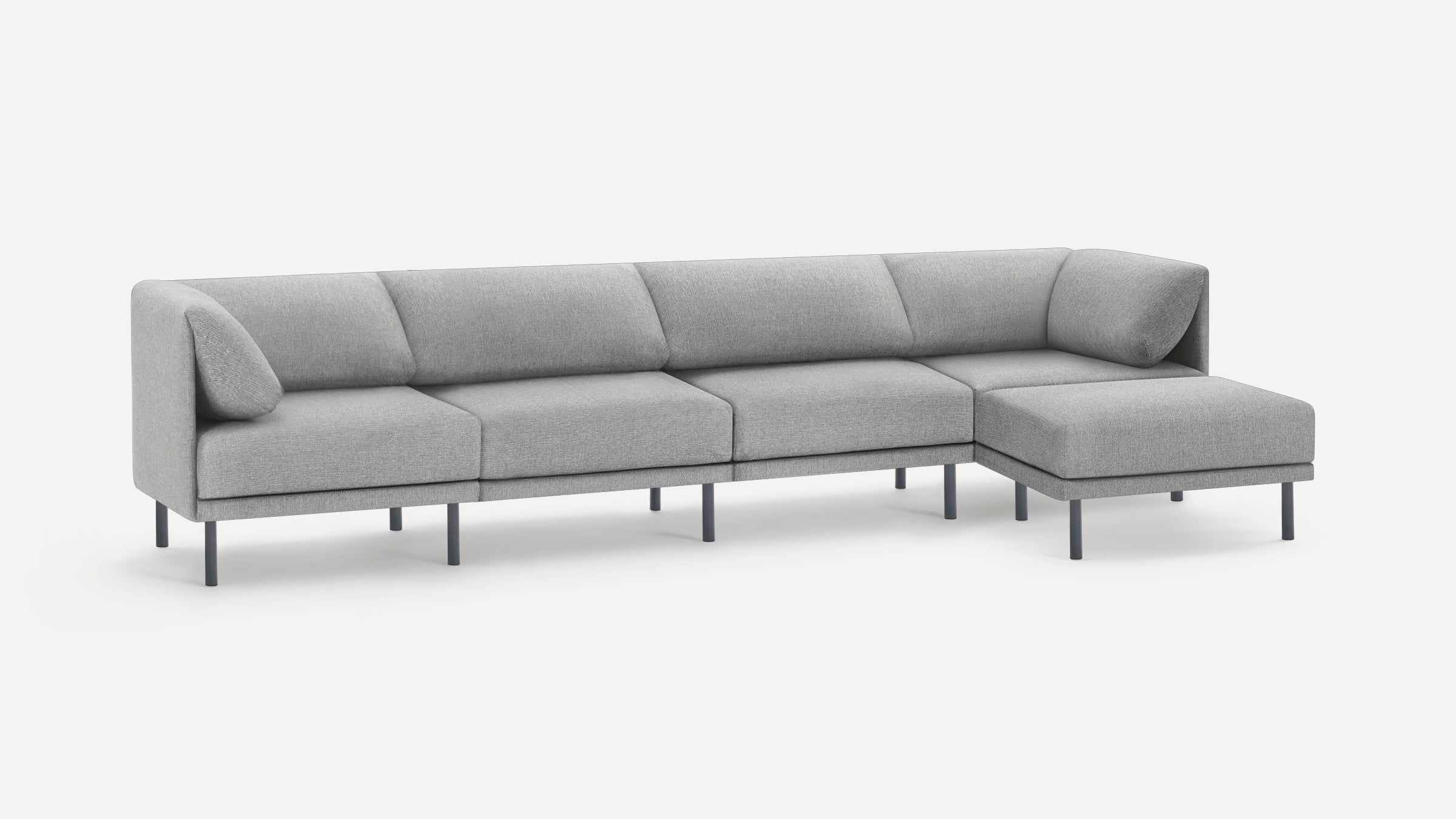Modern light gray fabric sectional sofa with metal legs, featuring a left chaise and plush back cushions.