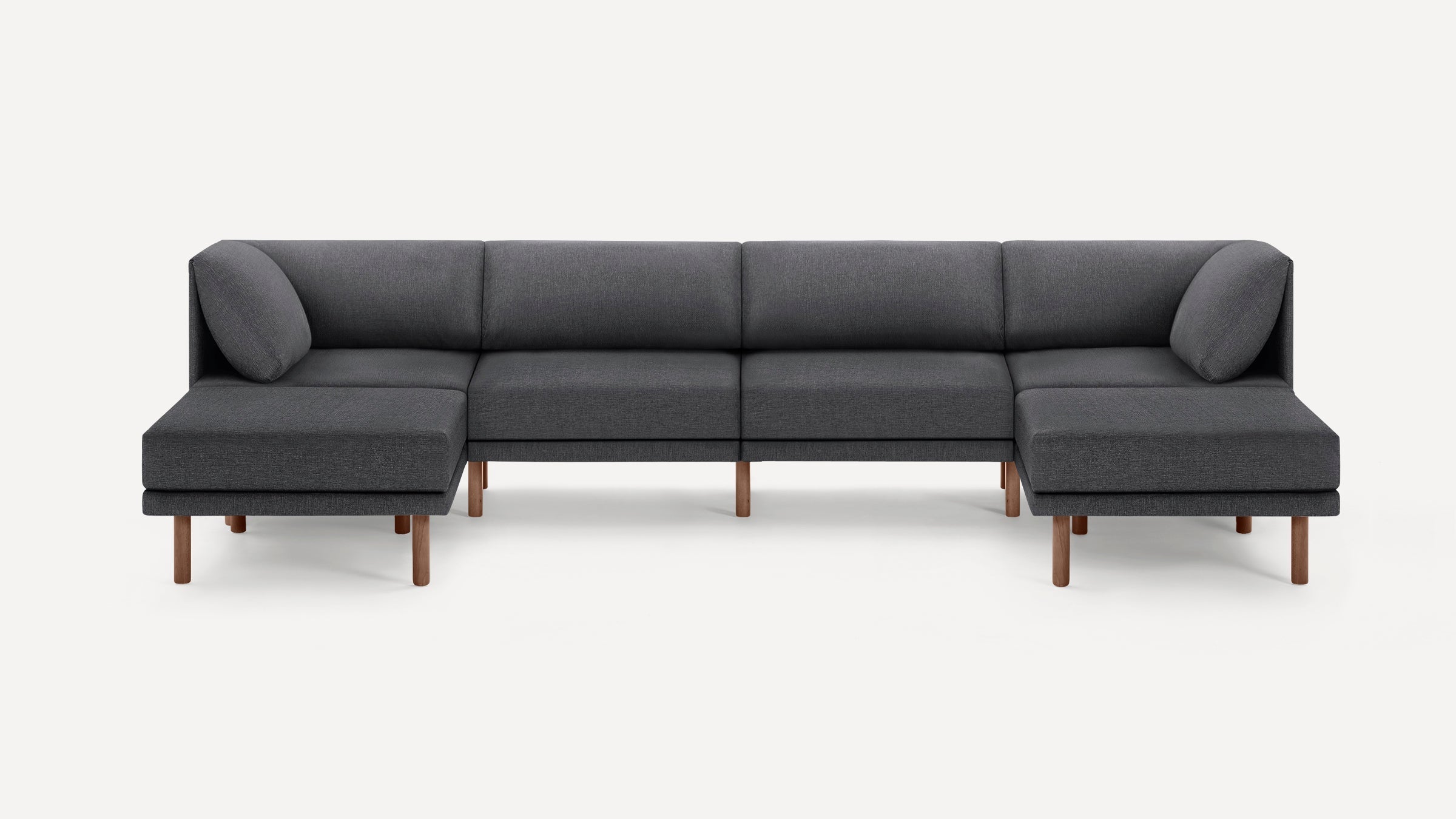 Modern U-shaped sectional sofa with dark gray fabric upholstery and wooden legs, featuring clean lines and two corner cushions.