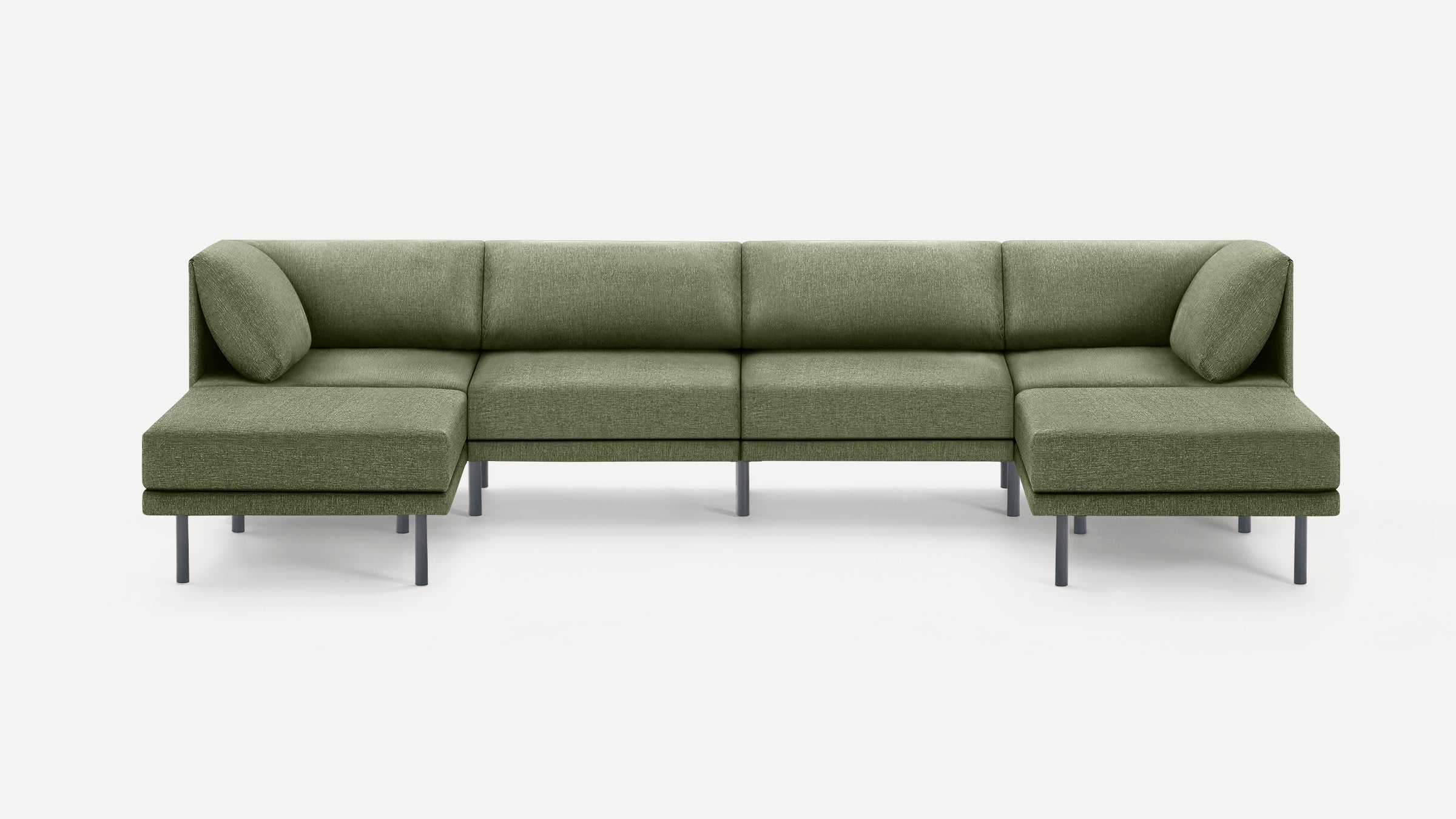 Modern green fabric sectional sofa with metal legs, featuring two corner seats with angled cushions and a minimalist design.