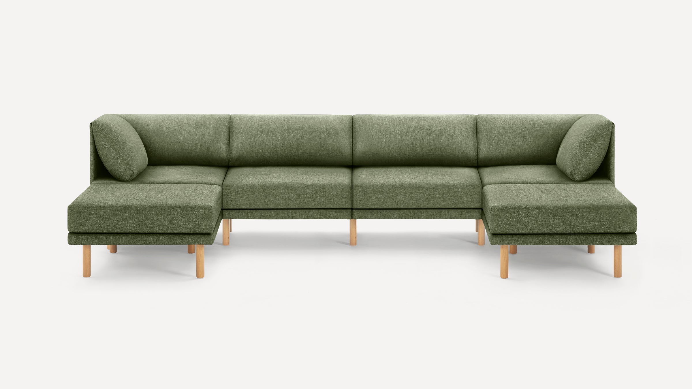 Modern olive green sectional sofa with clean lines, wooden legs, and cushioned backrests, set against a white background.