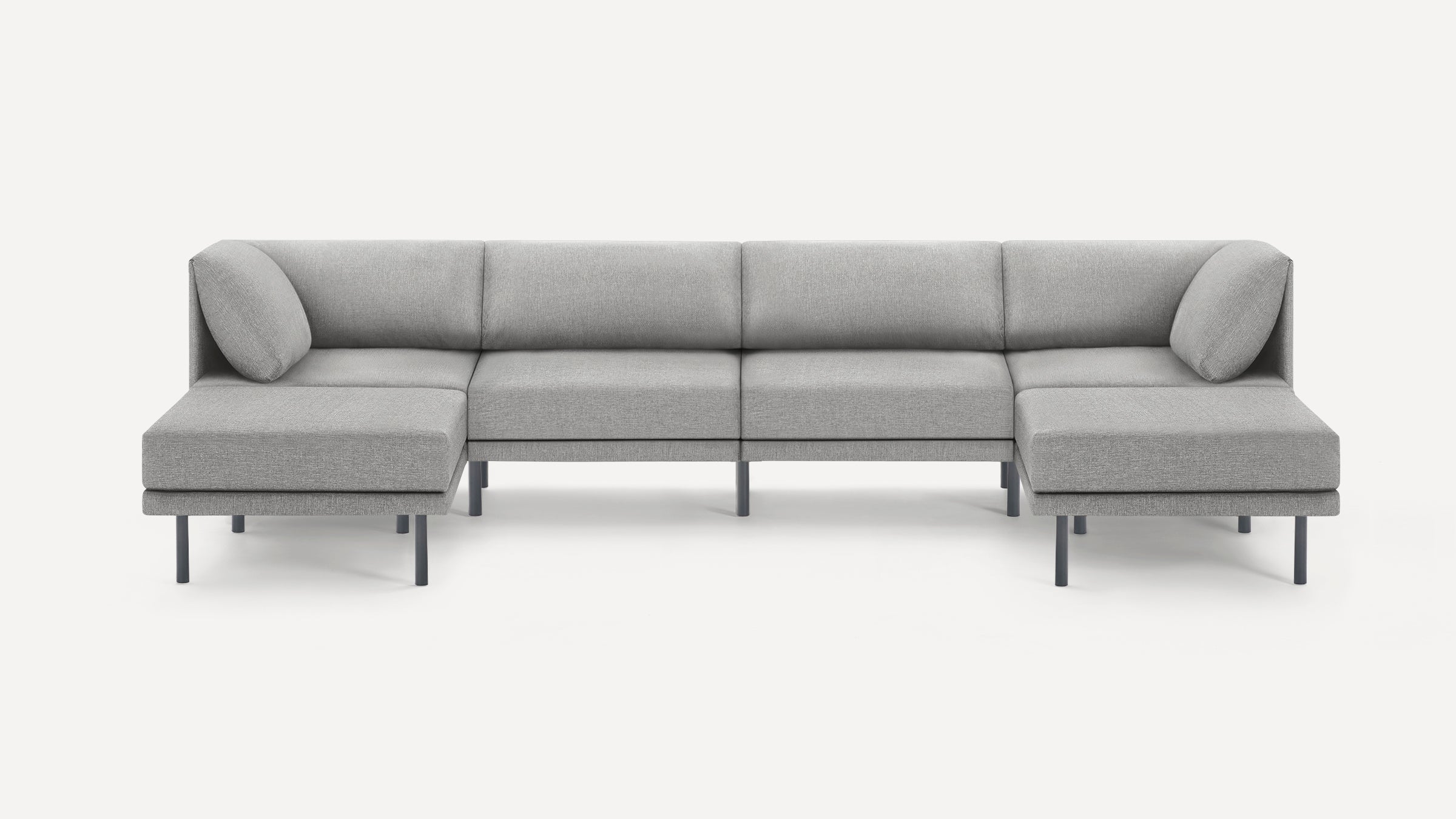 Modern grey sectional sofa with clean lines, slim metal legs, and two side chaise lounge seats with matching back cushions.