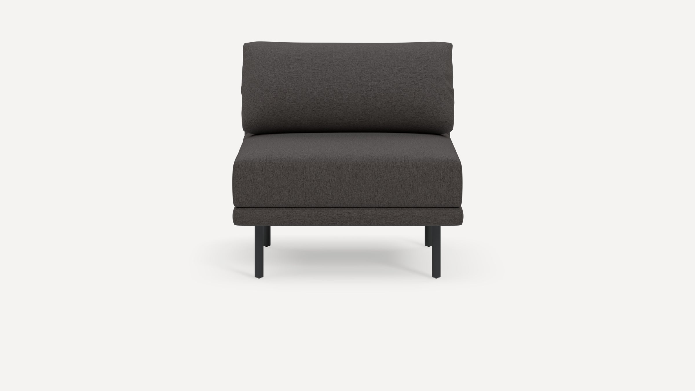 Front view of a modern, dark gray armless lounge chair with a cushioned backrest and metal legs.