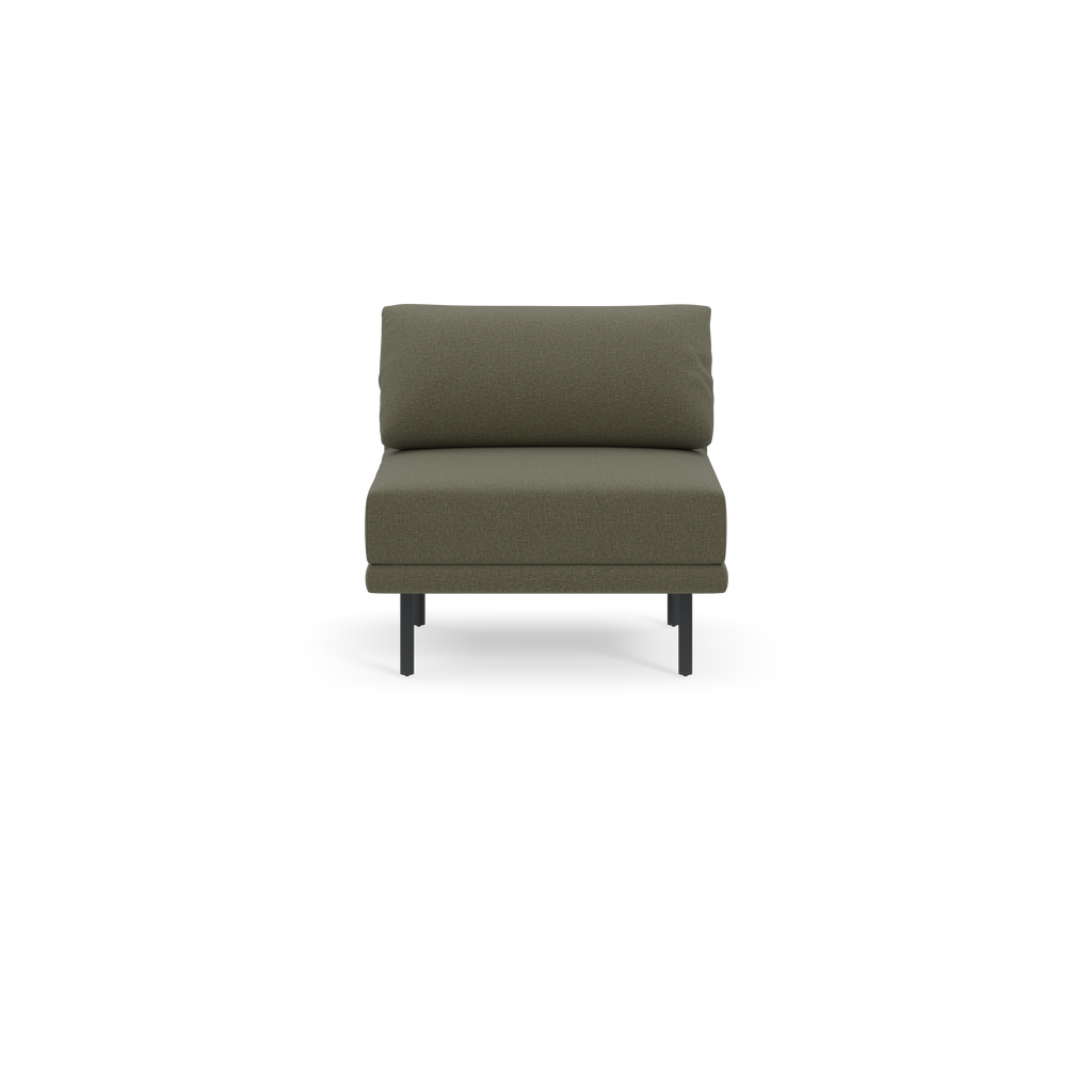 Front view of modern armless Moss green cushioned lounge chair with four slim dark legs on black background.