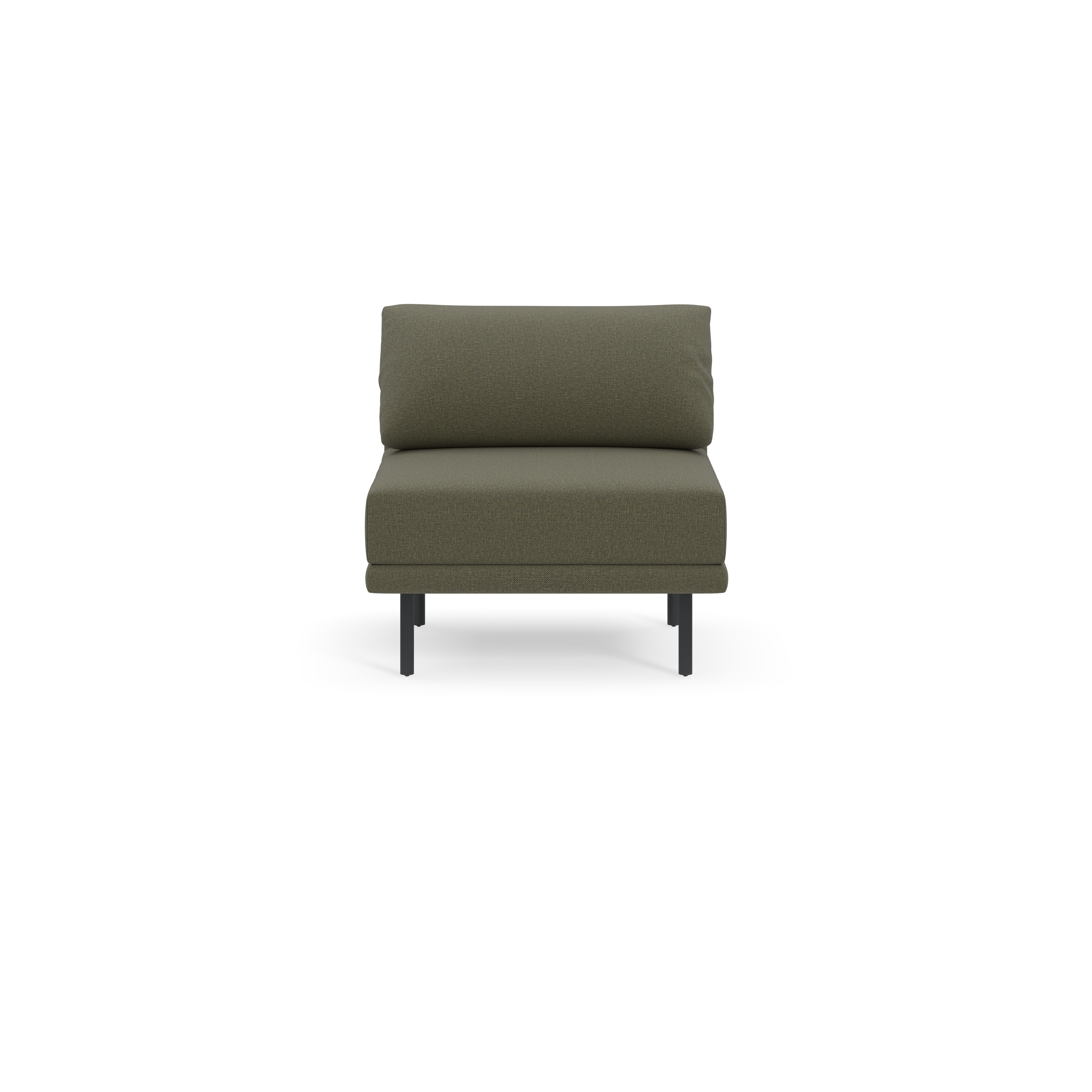 Front view of modern armless Moss green cushioned lounge chair with four slim dark legs on black background.
