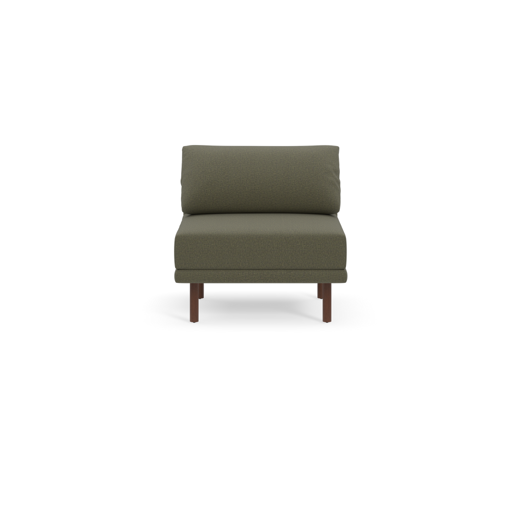 Modern armless Moss green upholstered chair with wooden legs, featuring a cushioned seat and backrest, shown on black background.