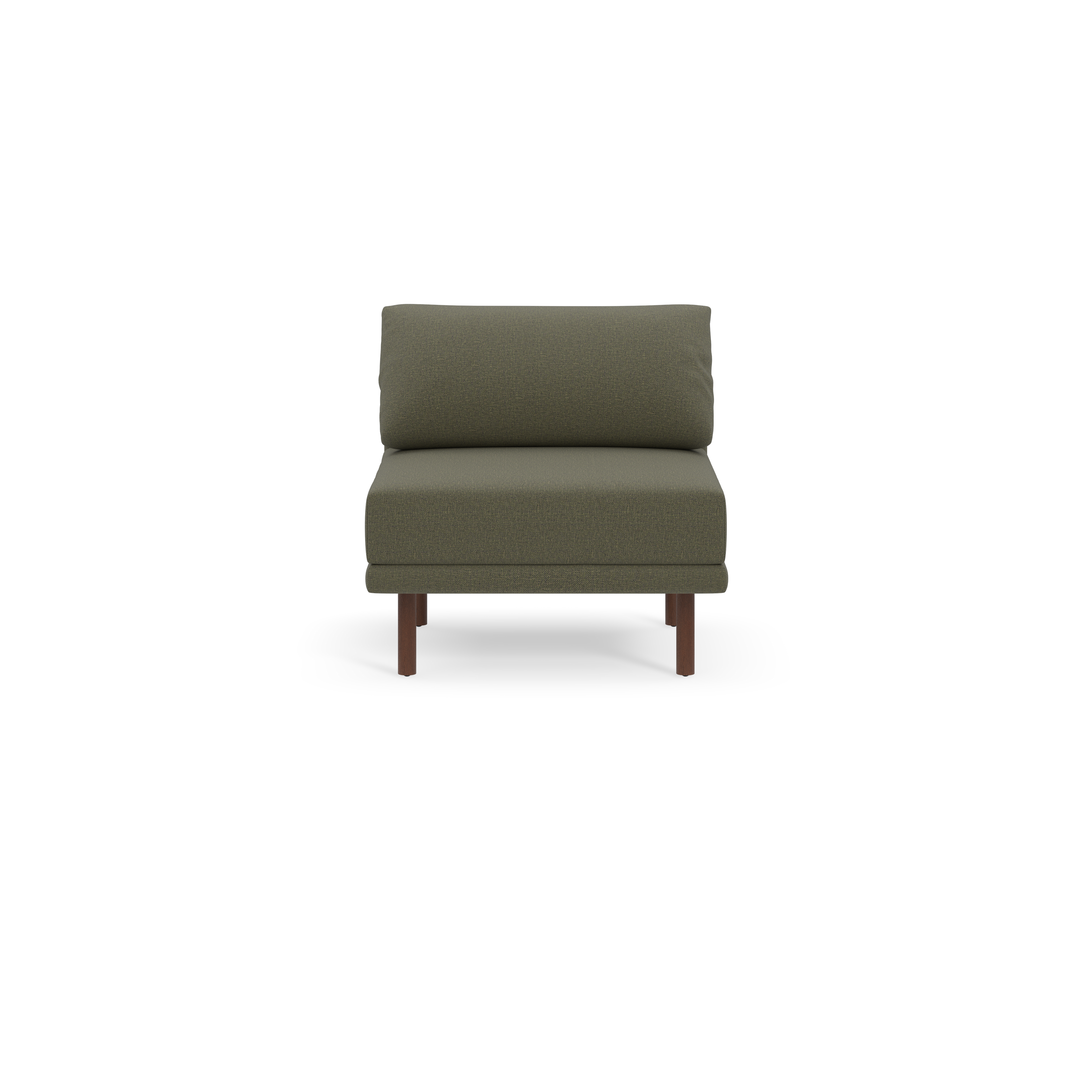 Modern armless Moss green upholstered chair with wooden legs, featuring a cushioned seat and backrest, shown on black background.