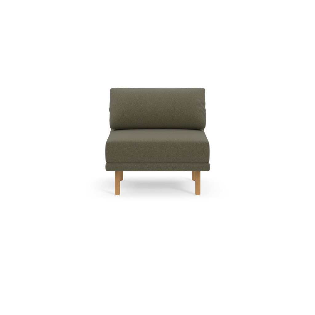 Modern armless Moss green upholstered chair with cushioned backrest and seat, supported by four light wooden legs.