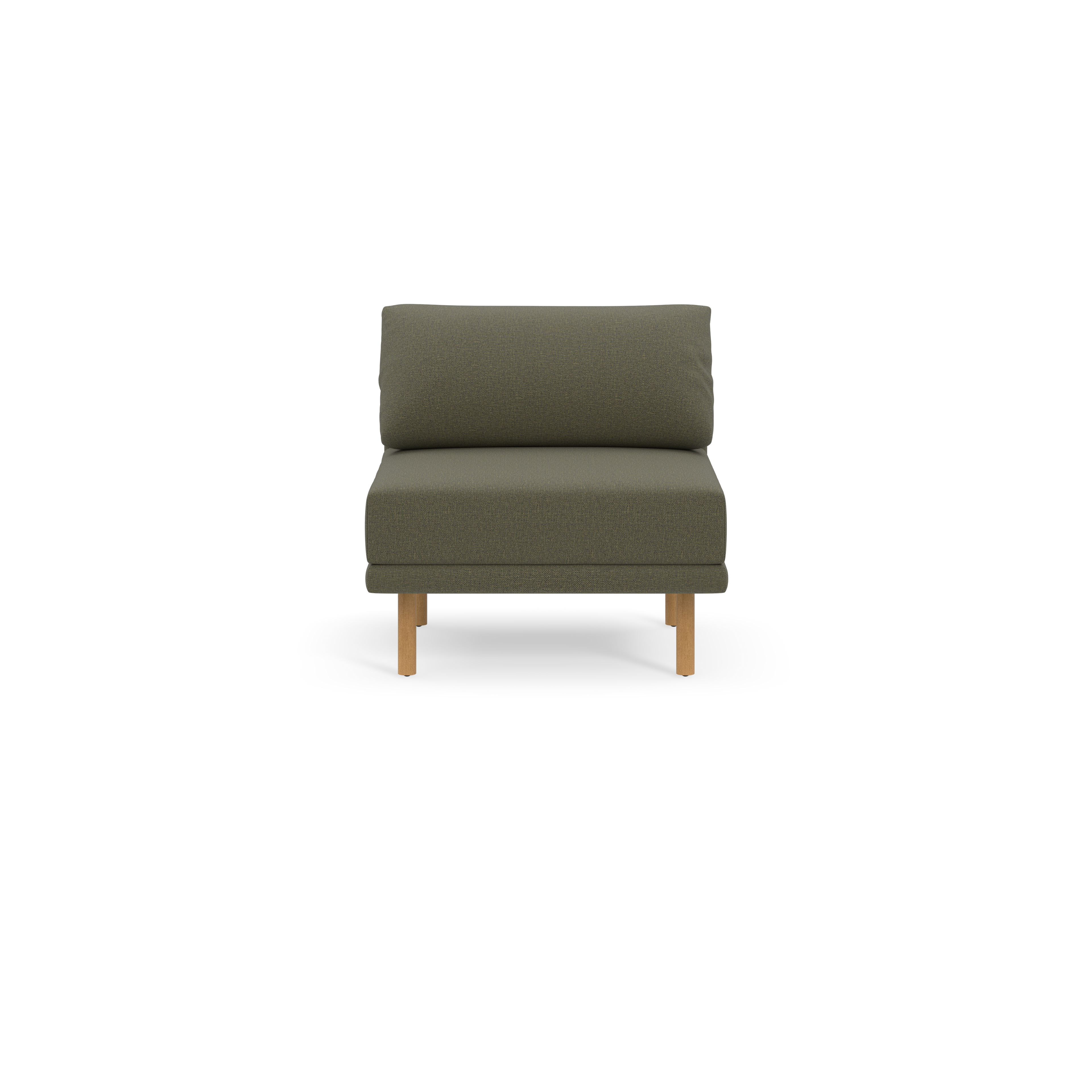 Modern armless Moss green upholstered chair with cushioned backrest and seat, supported by four light wooden legs.