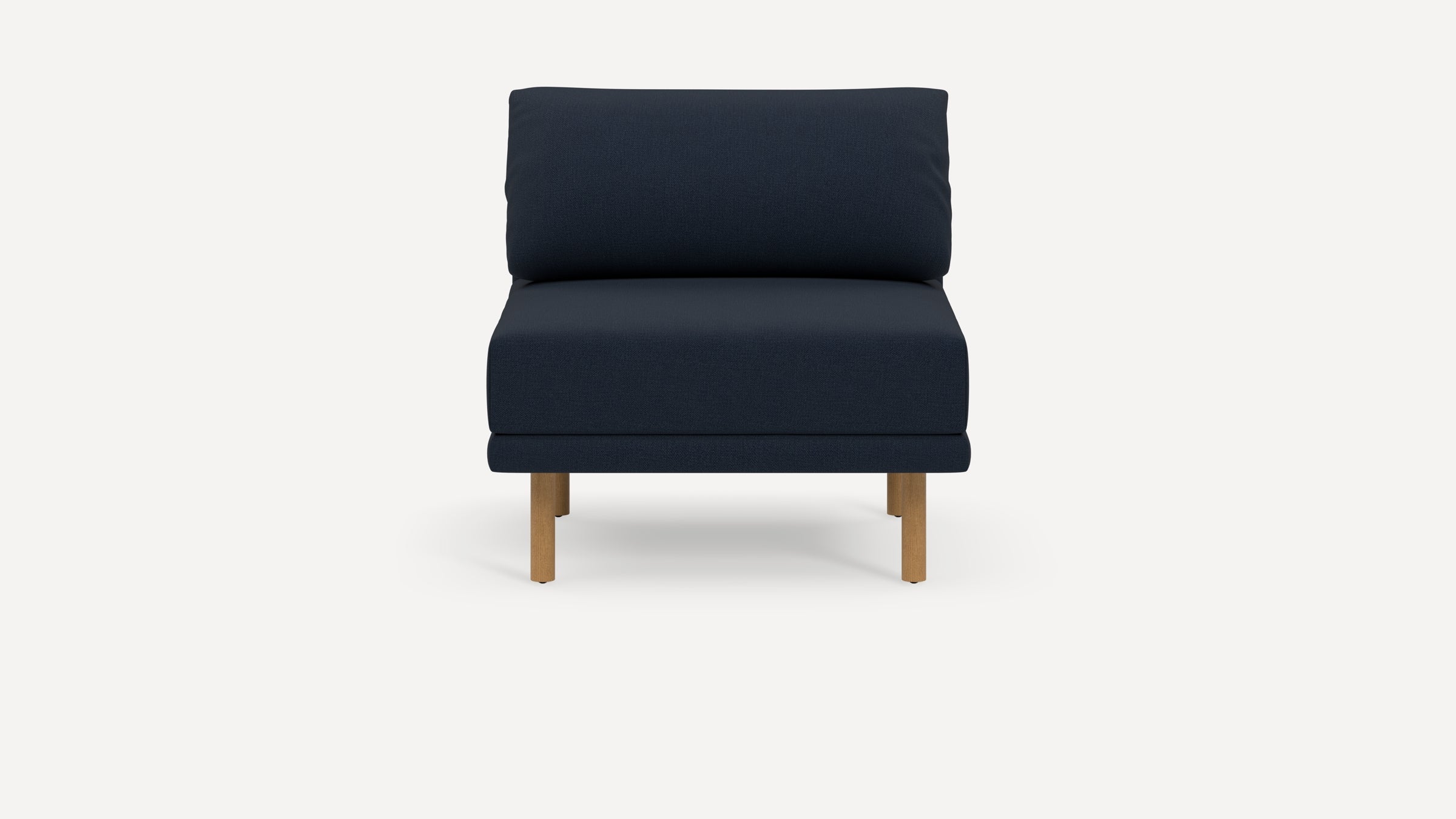 Front view of a modern navy blue armless chair with wooden legs on a plain white background.