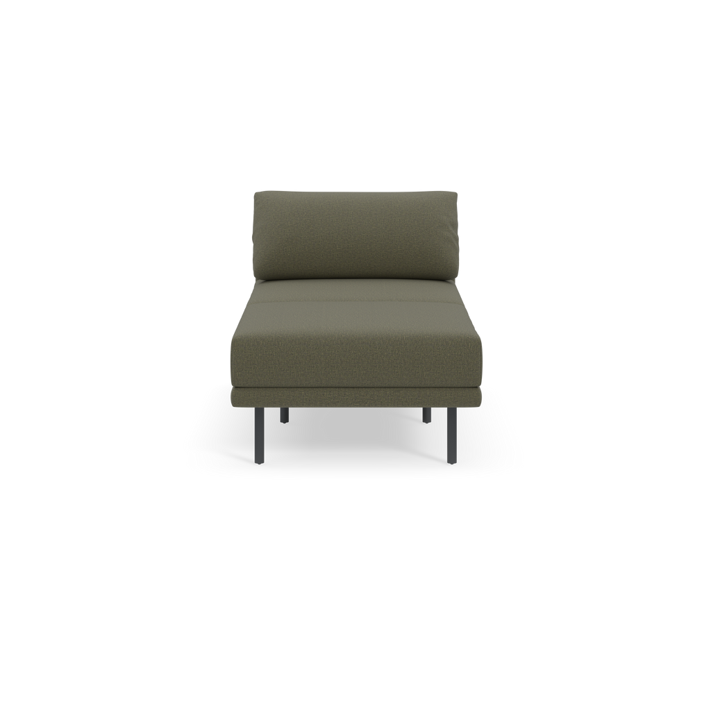 Modern armless lounge chair with Moss green fabric upholstery and black metal legs, shown from the front.