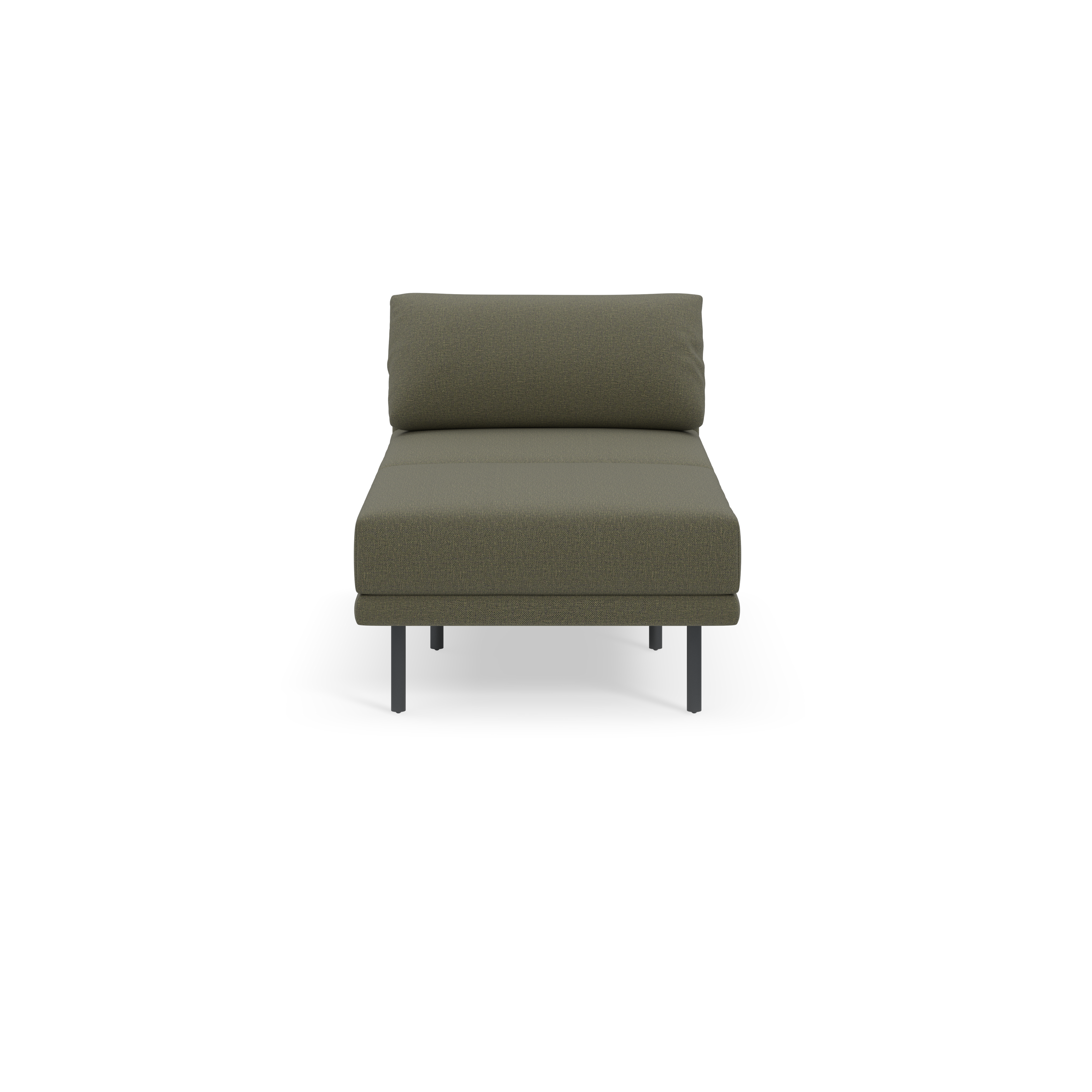 Modern armless lounge chair with Moss green fabric upholstery and black metal legs, shown from the front.