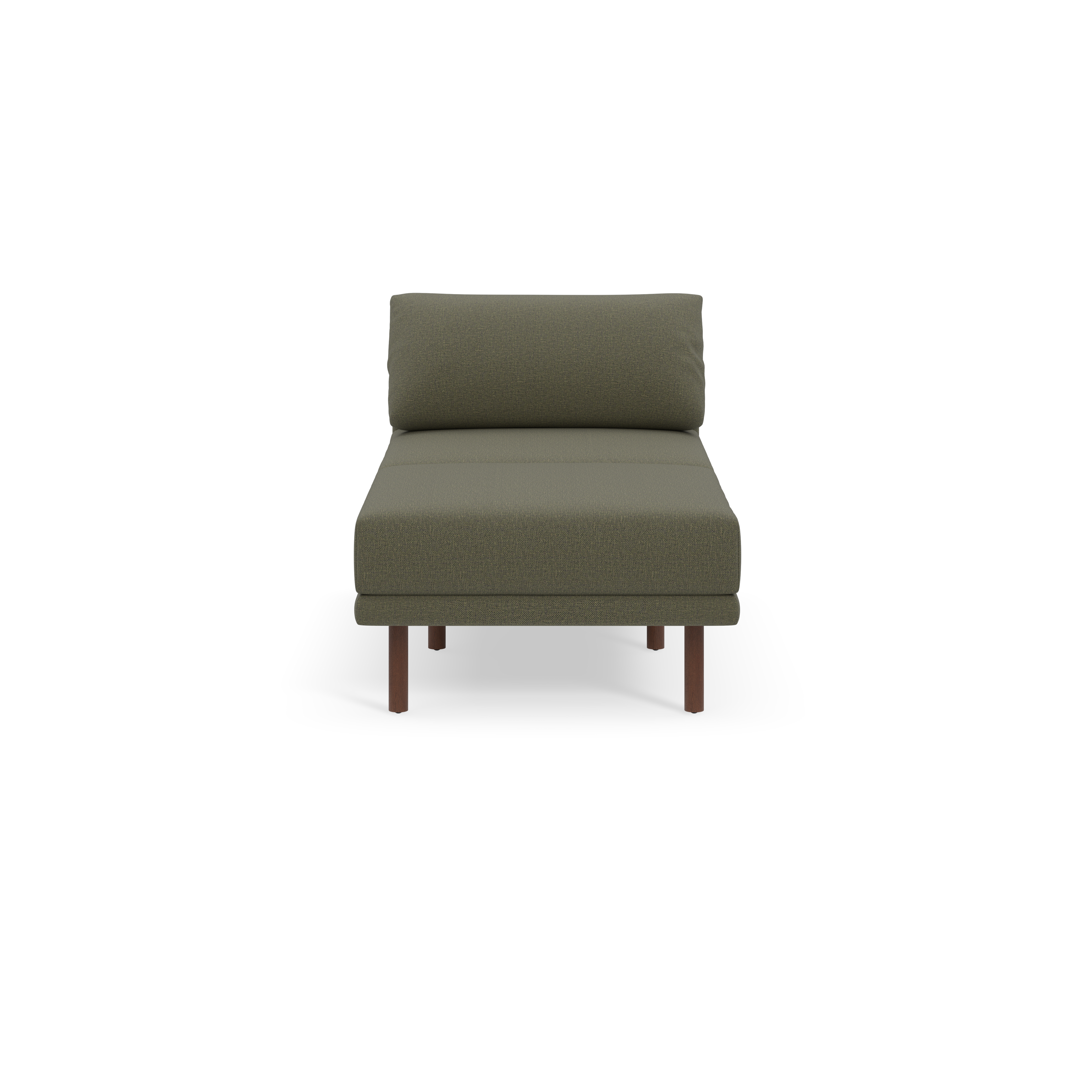 Minimalist Moss green upholstered chaise lounge with wooden legs, featuring a cushioned backrest against a black background.