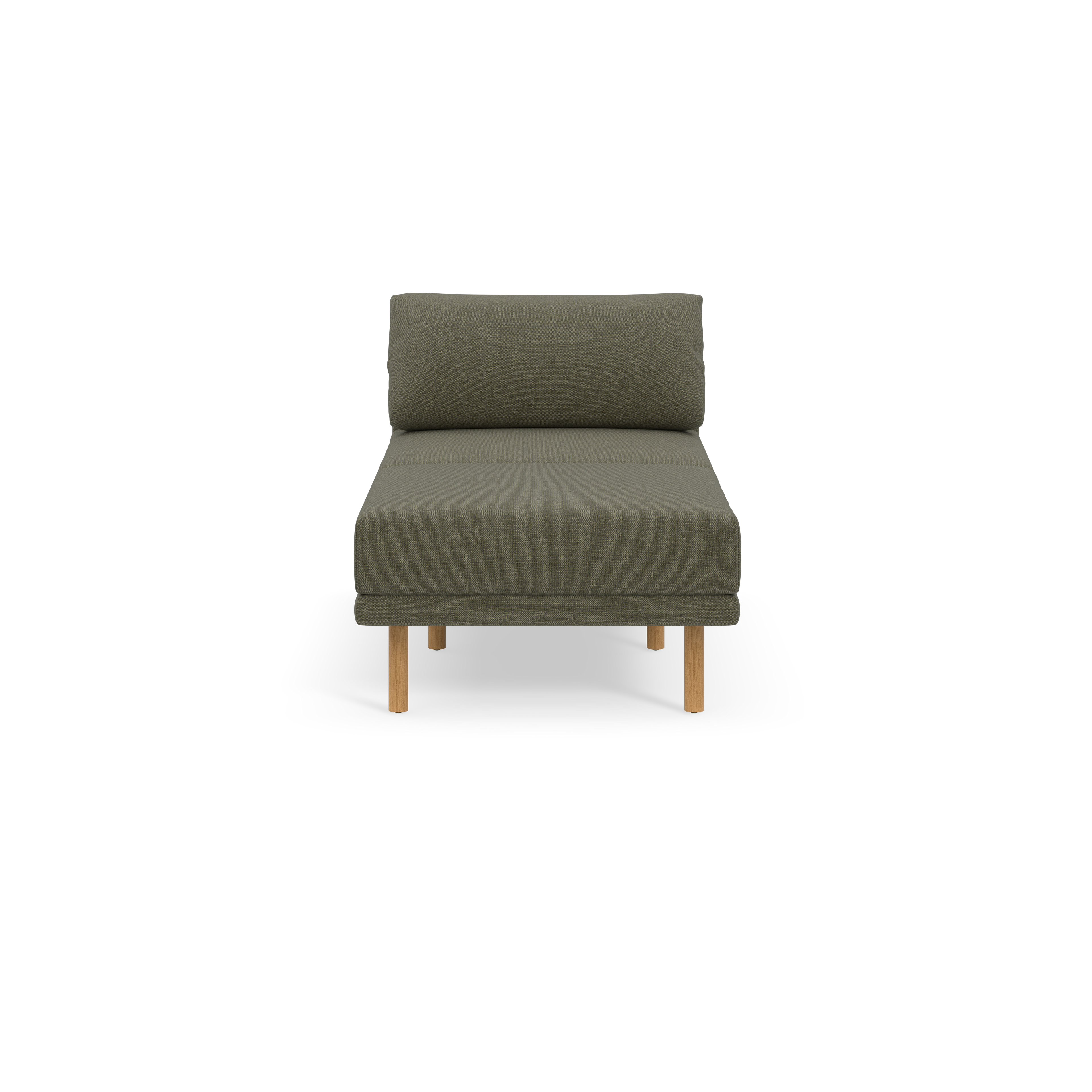 Modern Moss green cushioned lounge chair with low backrest and light wooden legs, shown against plain black background.