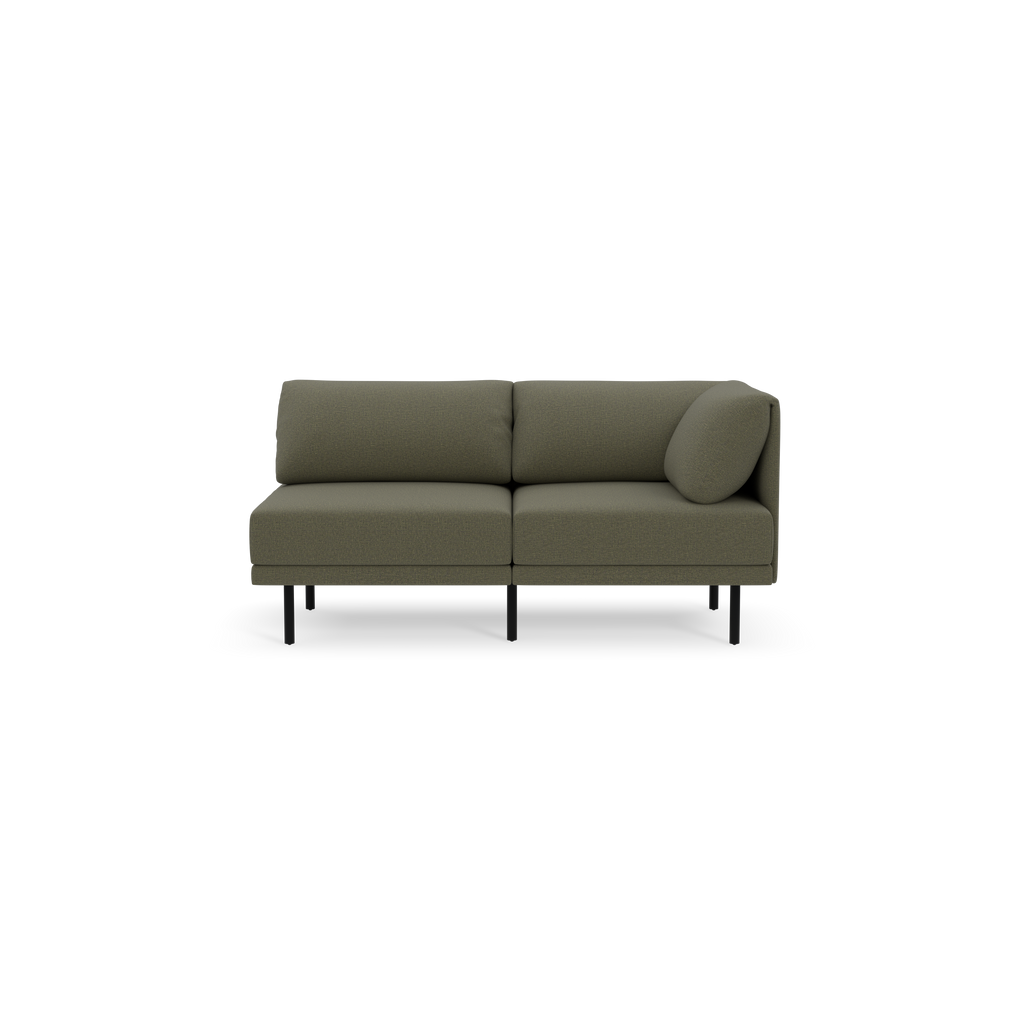 Two-seater modern Moss green sofa with black slim legs, featuring a right side cushioned armrest and a round pillow.