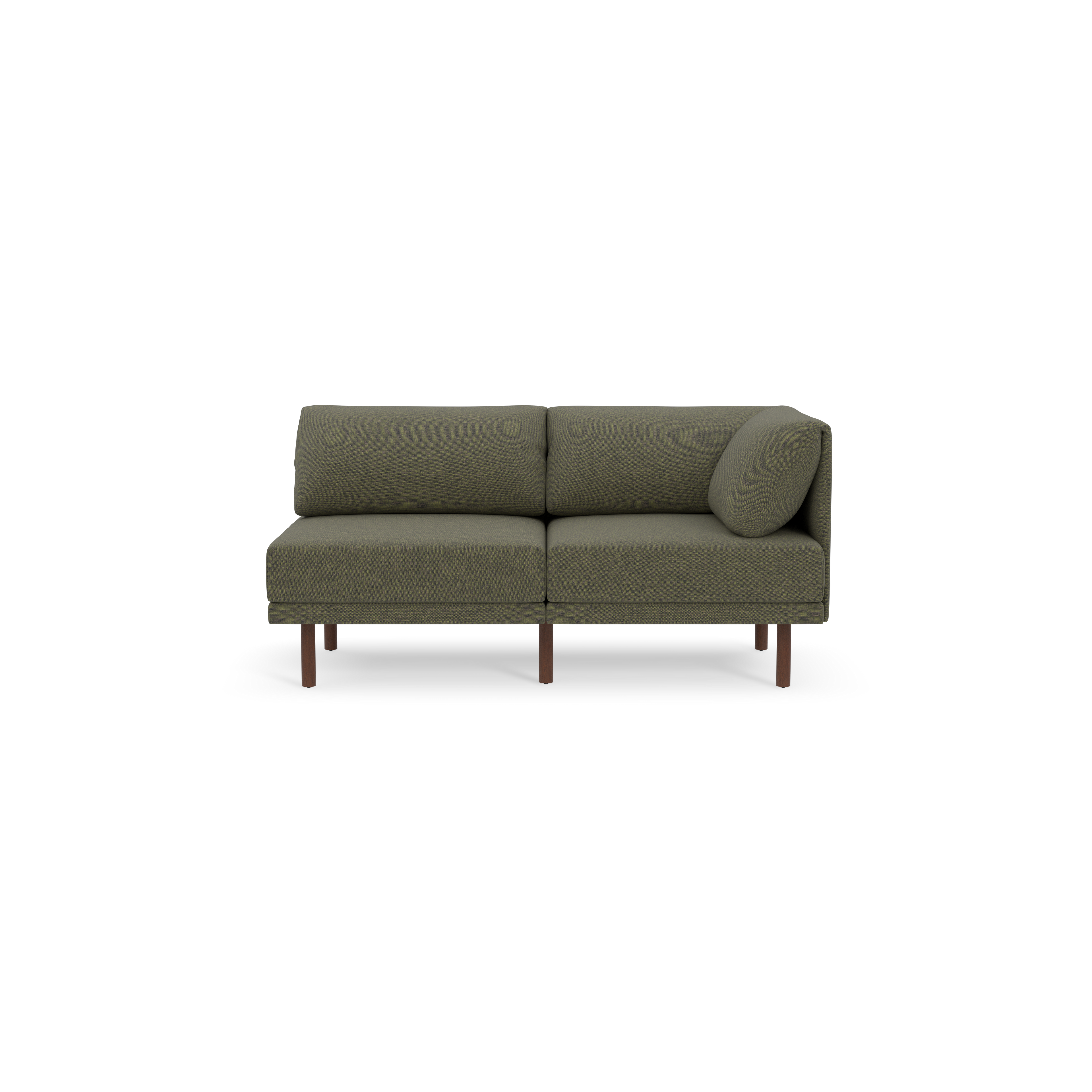Modern Moss green fabric two-seat sofa with dark wooden legs and a rounded corner cushion on right side.
