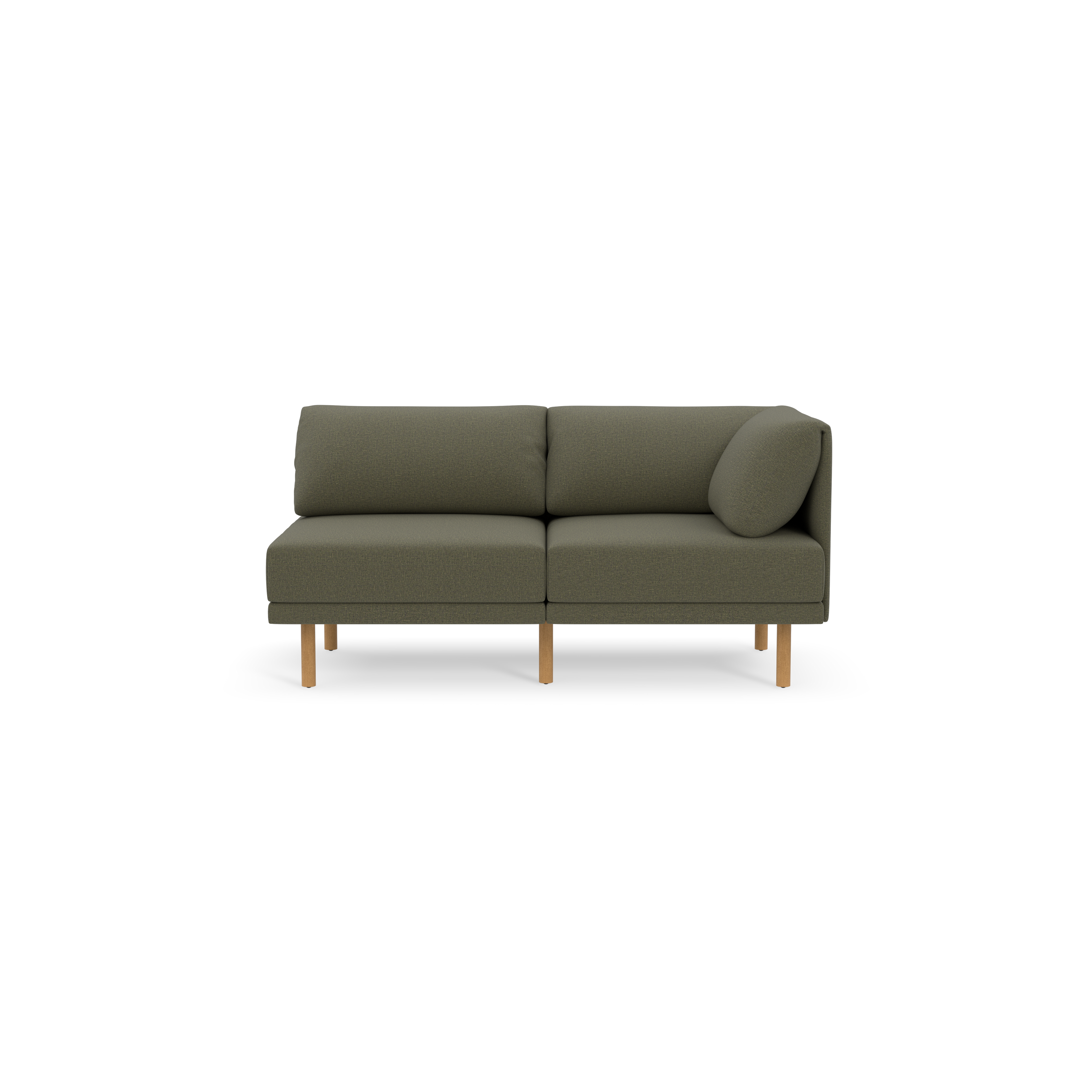Modern Moss green two-seater sofa with cushioned backrest, wooden legs, and a matching round pillow on the right side.