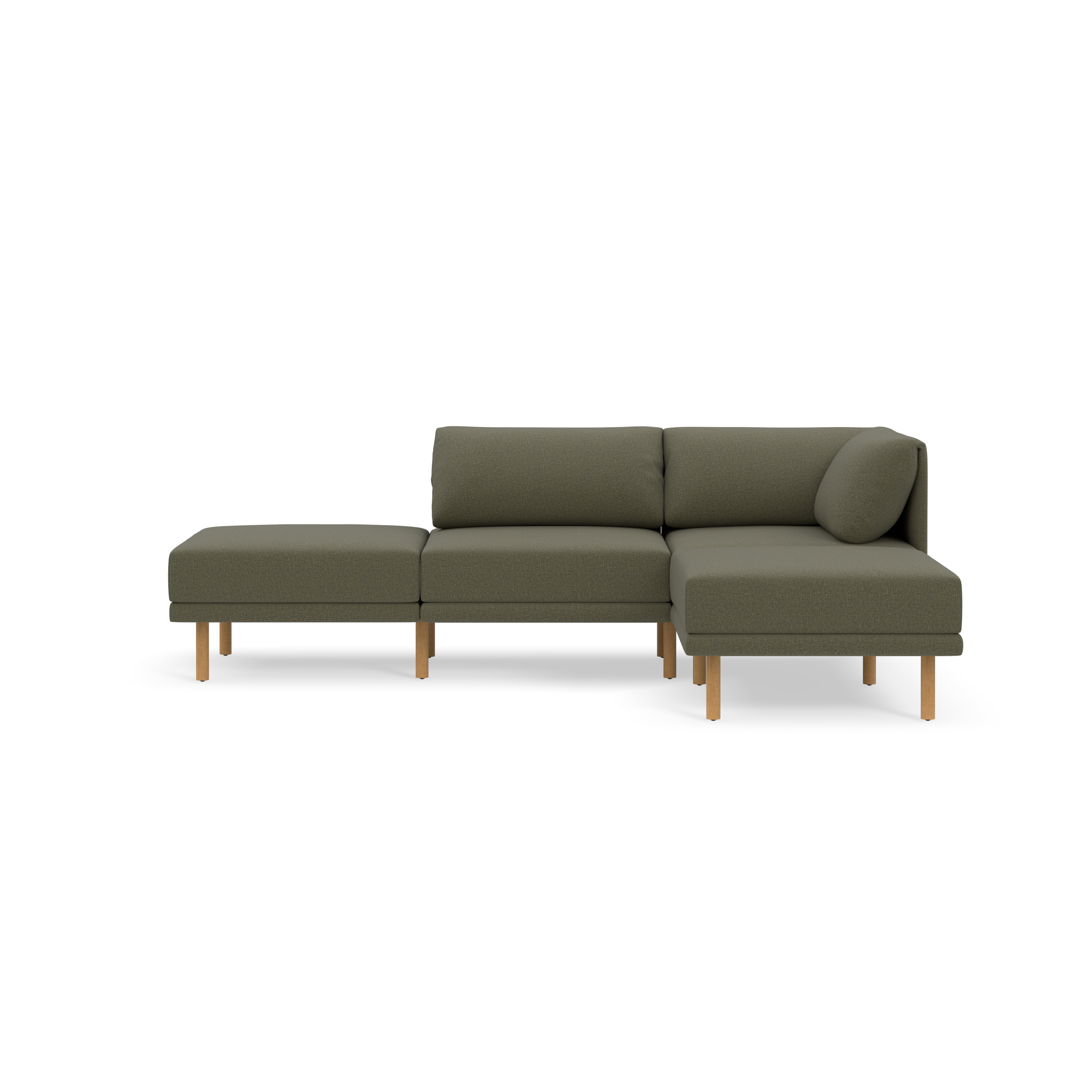 Modern Moss green fabric sectional sofa with wooden legs, comprising two-seat and chaise lounge sections, shown against a black background.