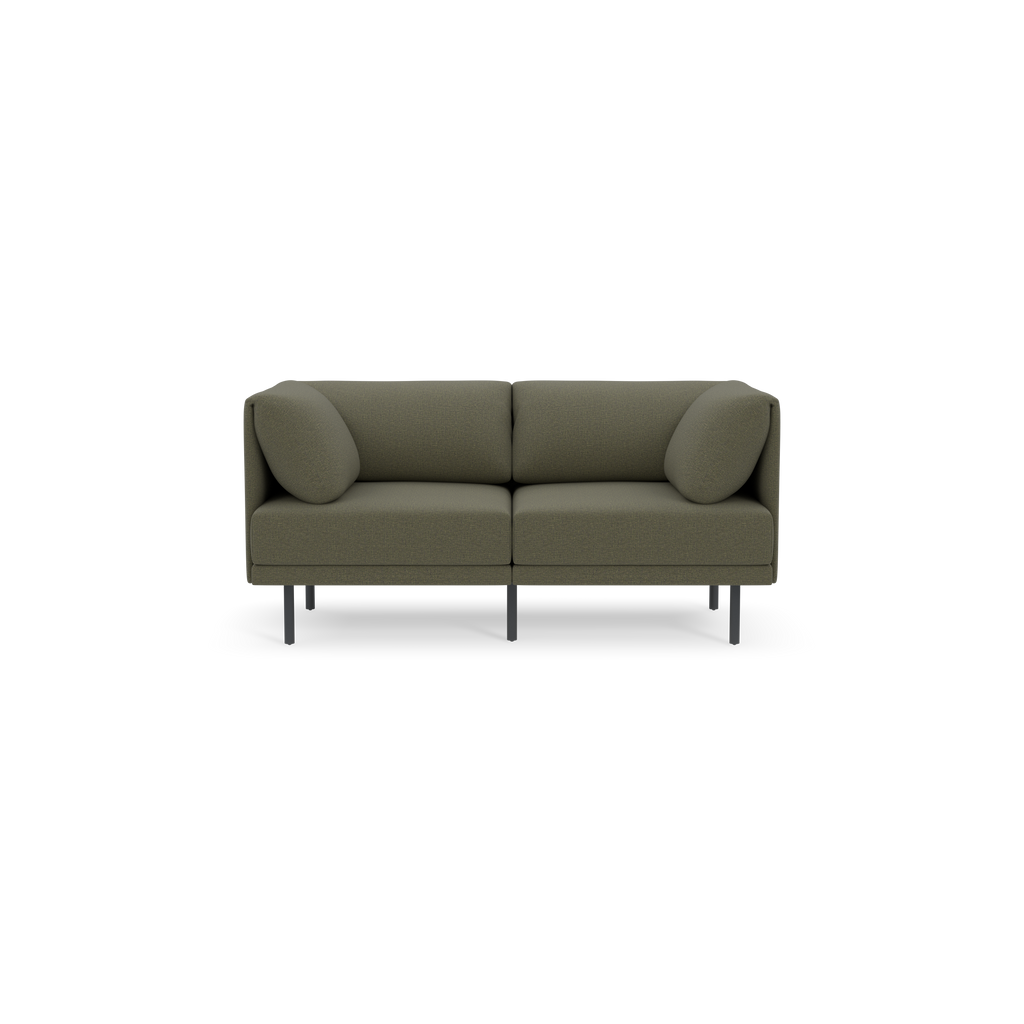 Modern Moss green two-seater sofa with rounded back cushions and slim black metal legs, set against a plain black background.