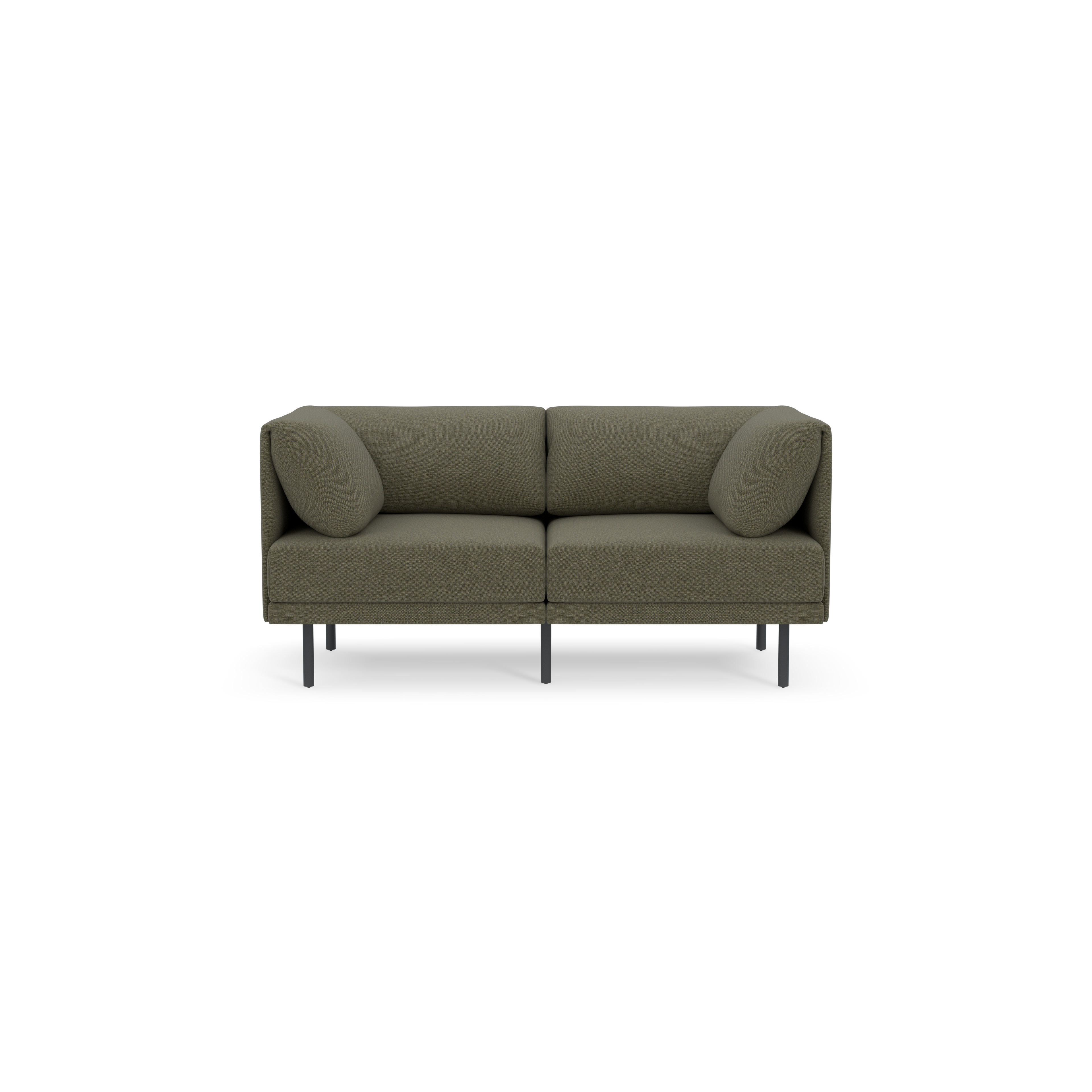 Modern Moss green two-seater sofa with rounded back cushions and slim black metal legs, set against a plain black background.