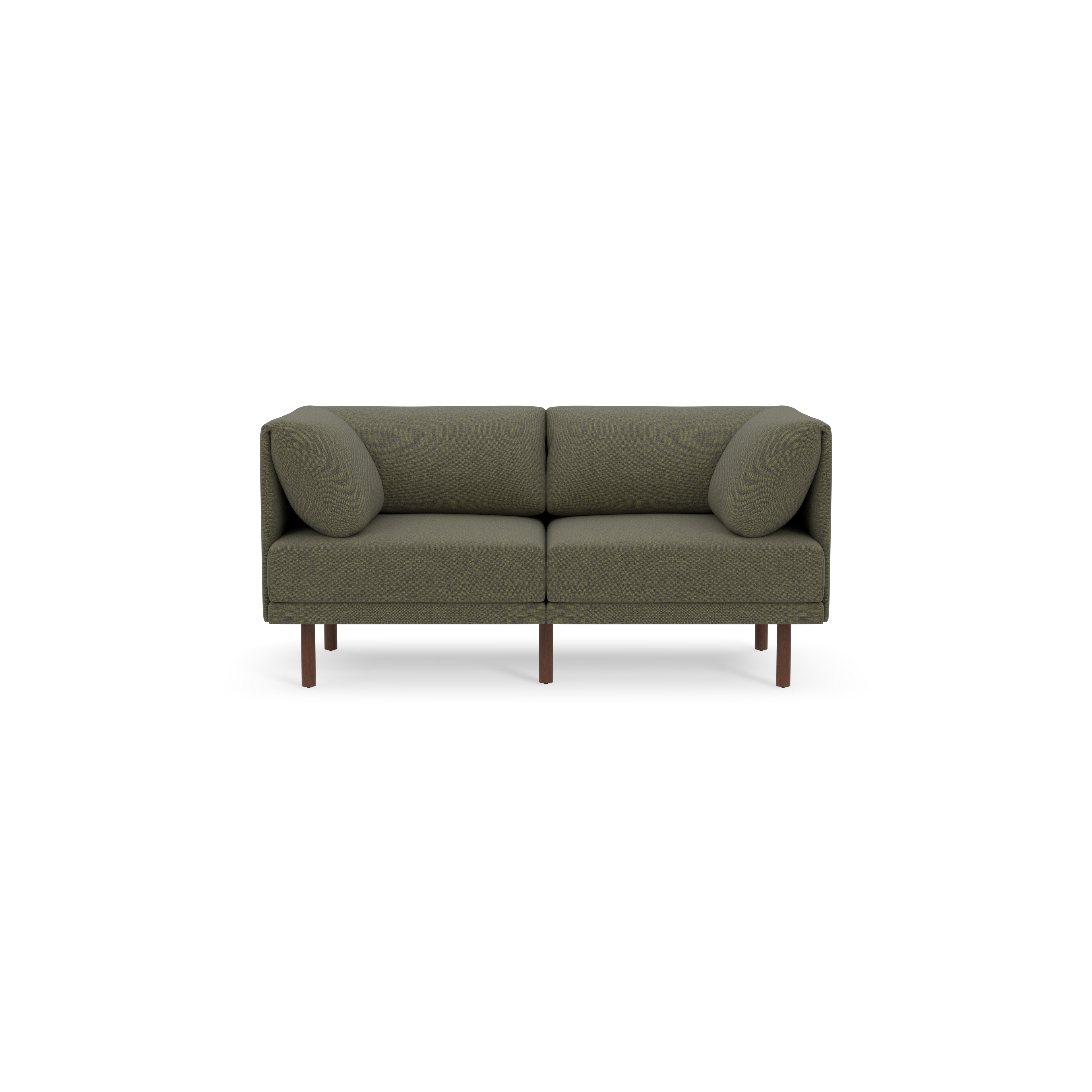 Modern two-seater sofa with textured Moss green fabric, rounded cushions, and slender wooden legs on a black background.