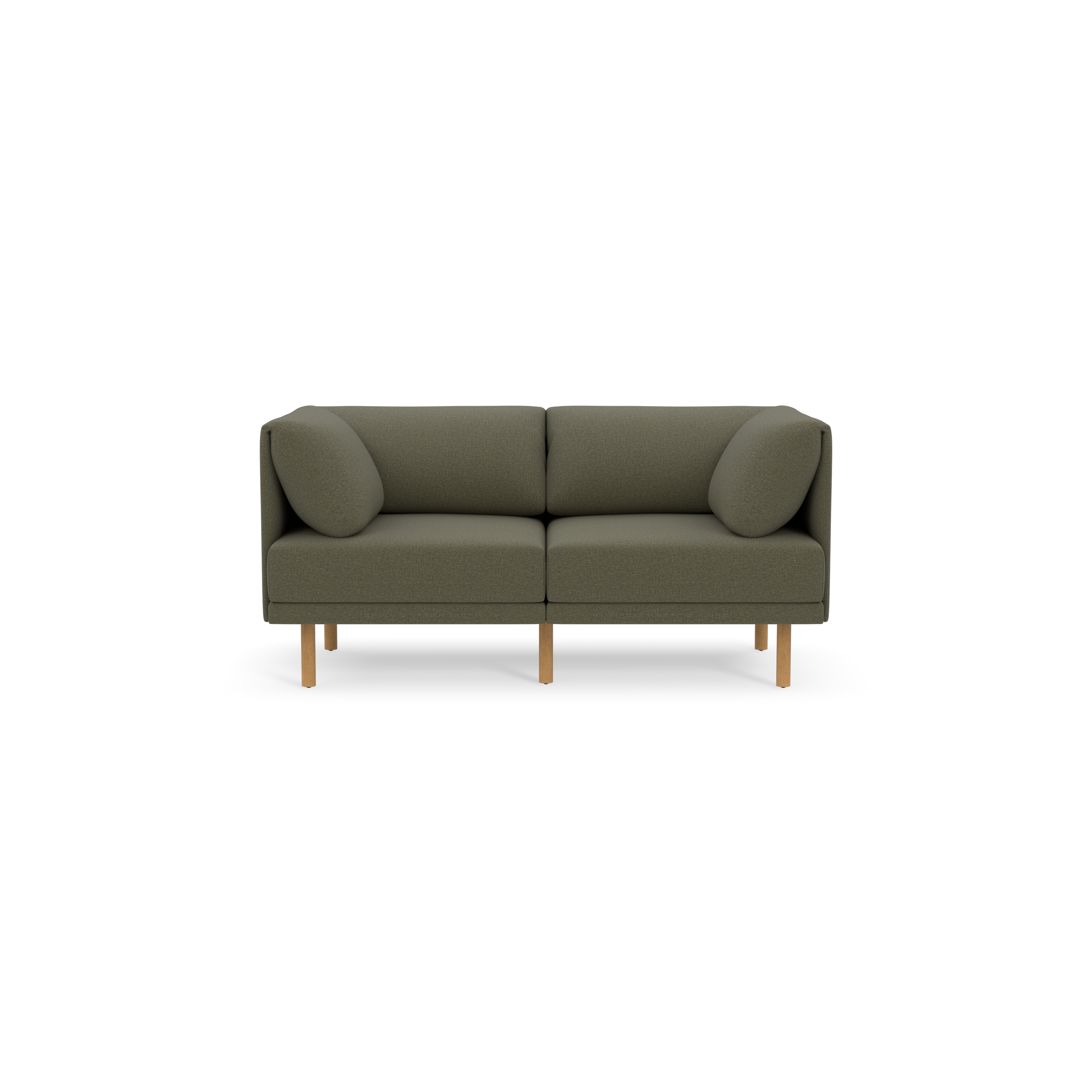 Front view of a modern Moss green two-seater sofa with rounded cushions and light wooden legs against black background.