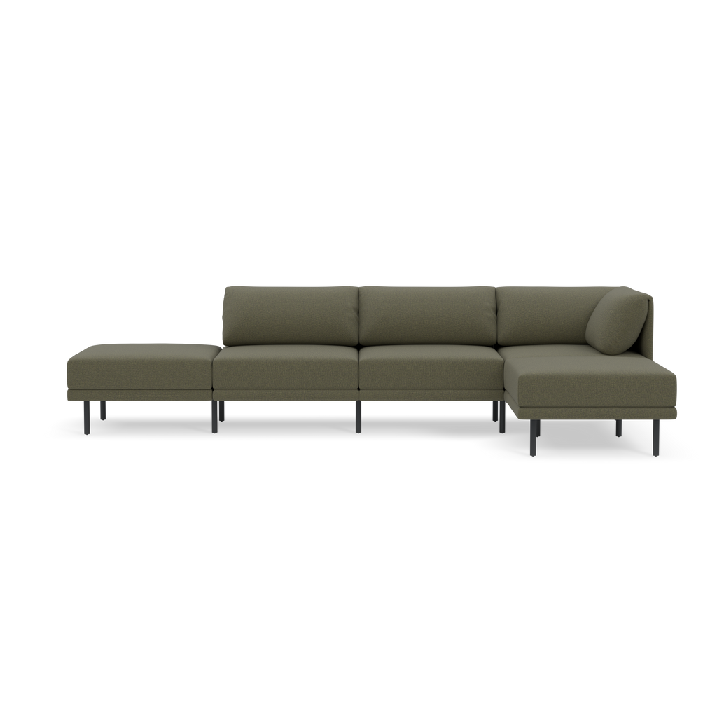 Modern Moss green modular sectional sofa with left chaise, cushioned backrests, and slim black metal legs against black background.