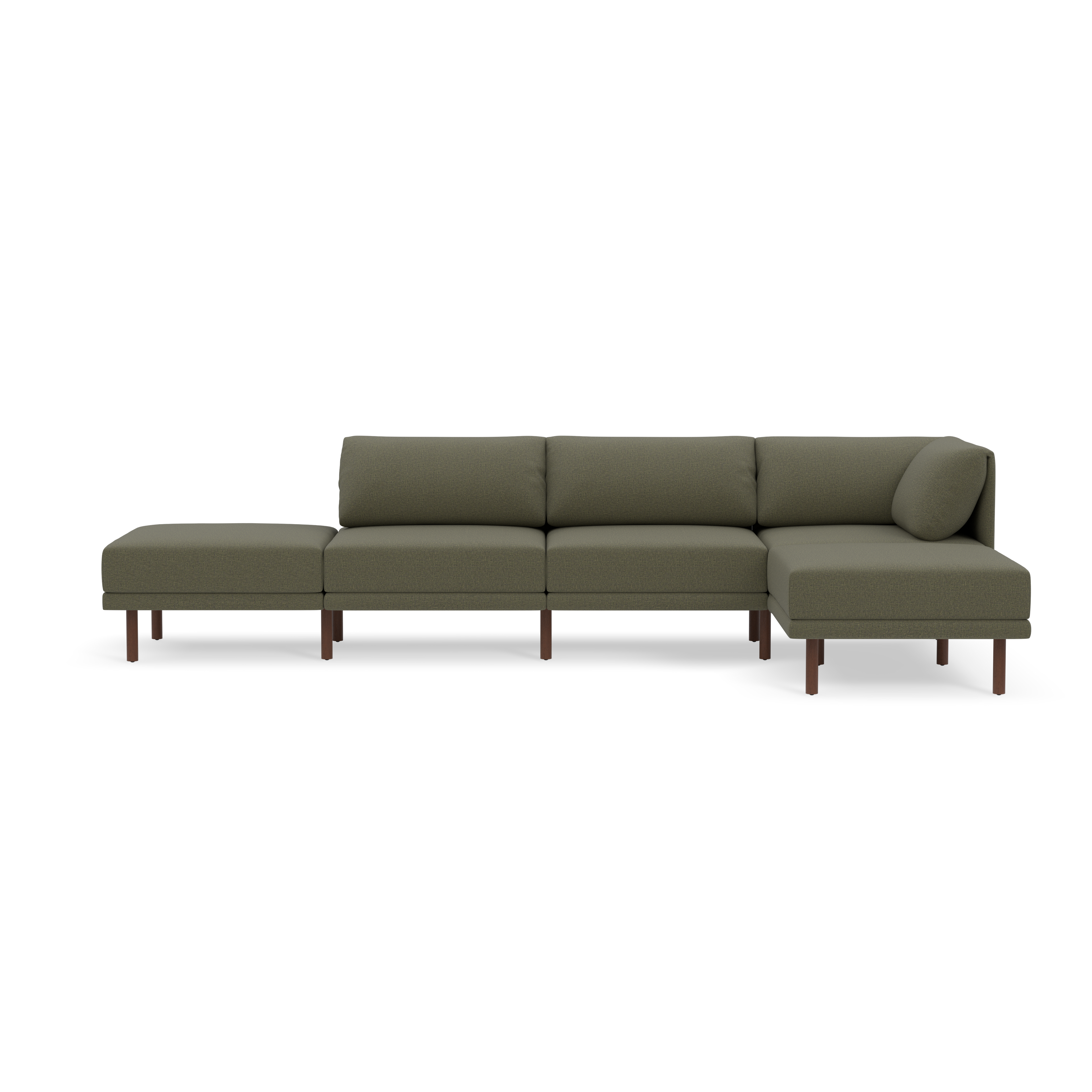 Modern modular Moss green fabric sectional sofa with wooden legs and an attached backrest pillow on the right end.