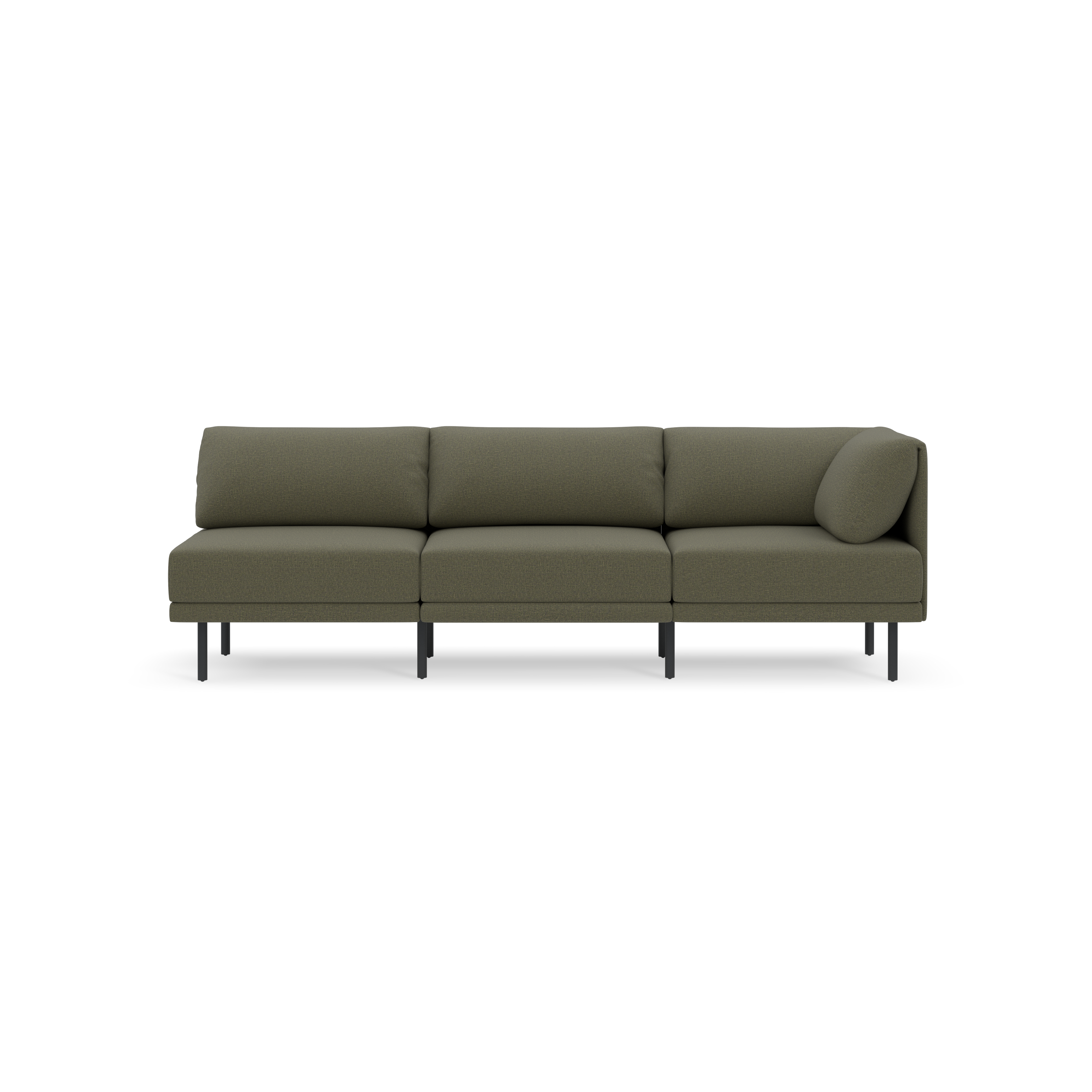 Modern olive-green three-seater sofa with clean lines, cushioned backrests, and black metal legs, set against a black background.